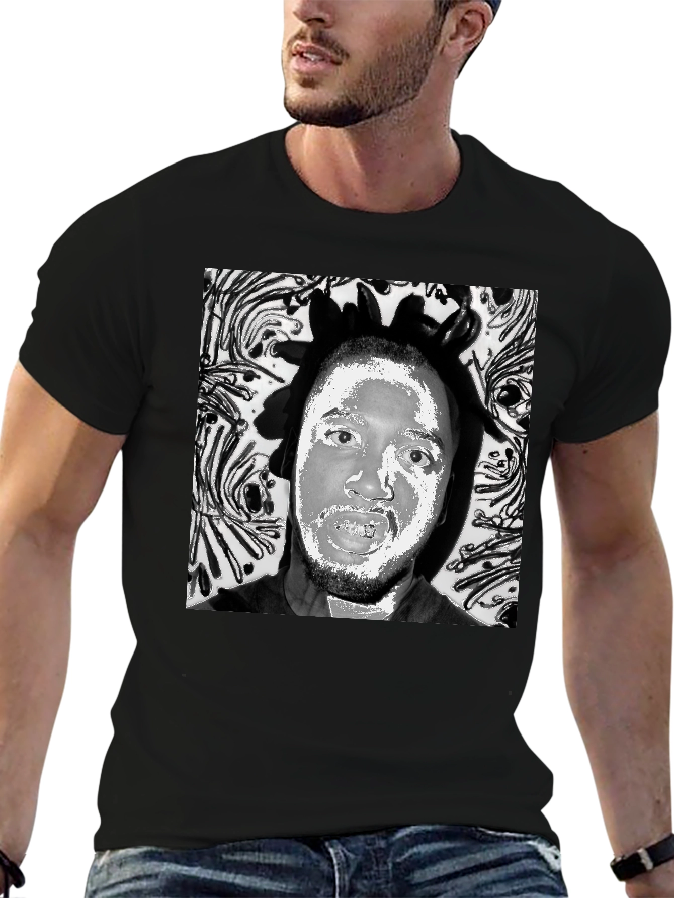 Black T-Shirt with Artistic Face Graphic