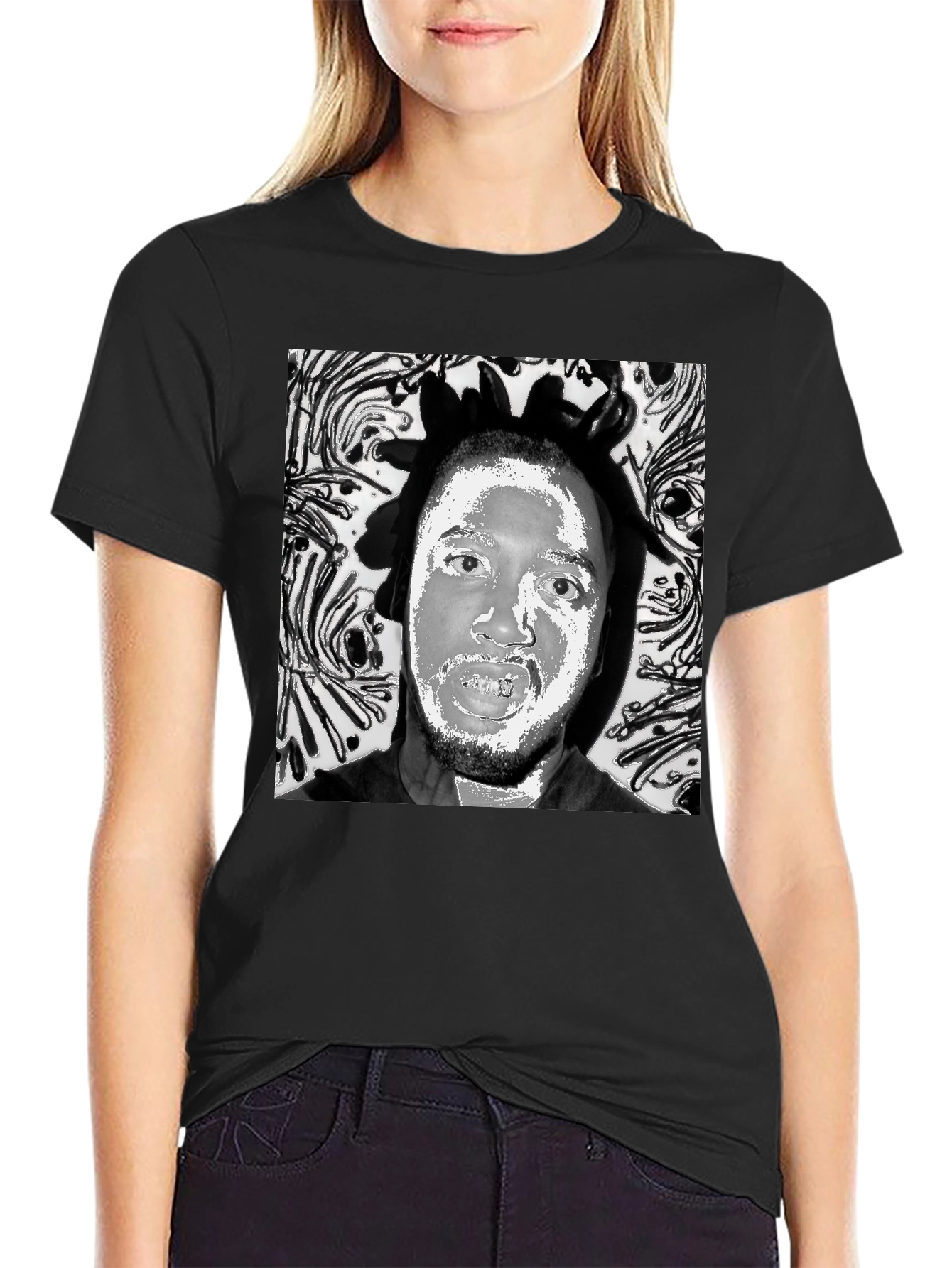 Black T-Shirt with Artistic Face Graphic