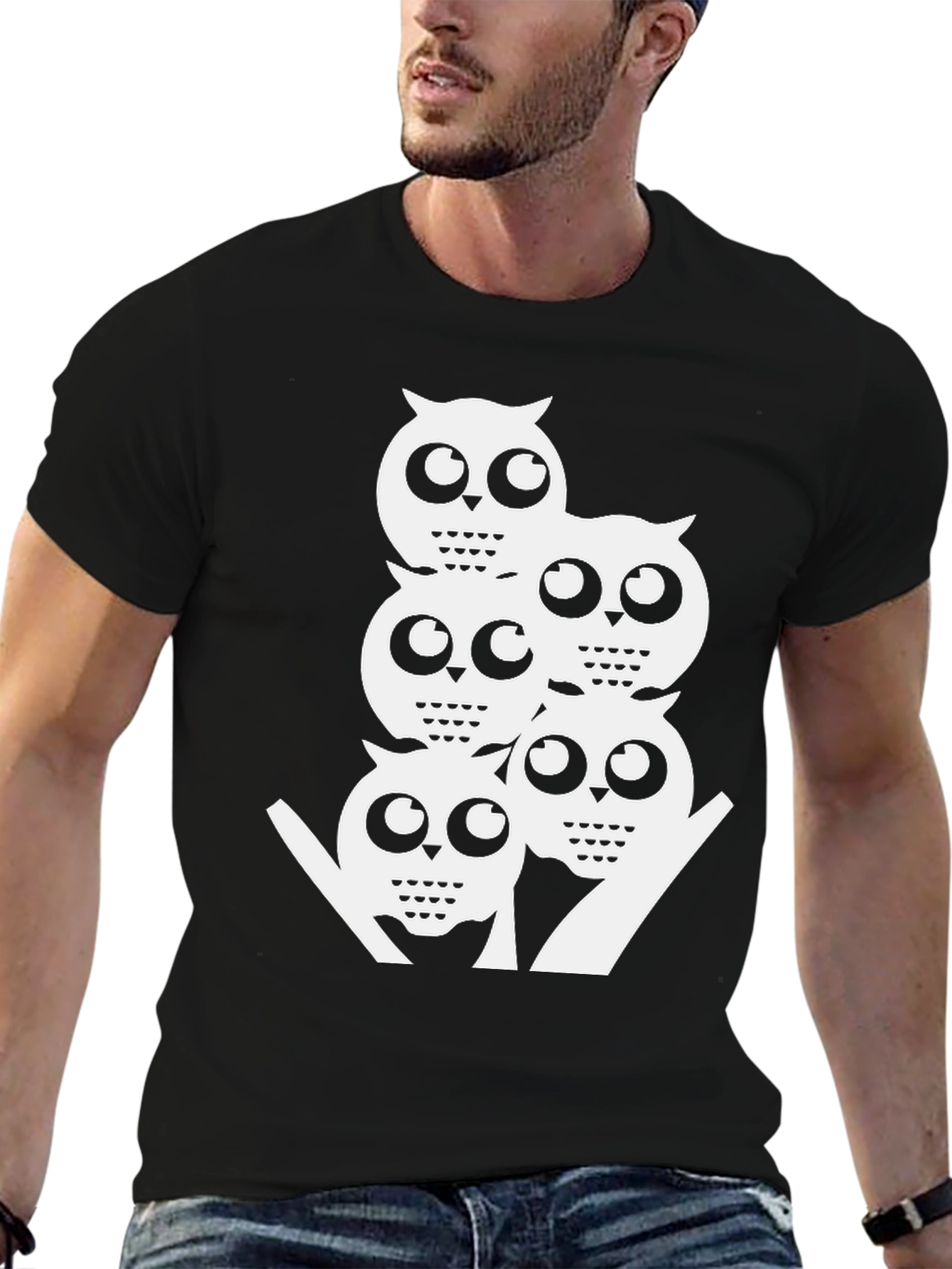 Cool Owl Stack Tee - Black Graphic T-Shirt