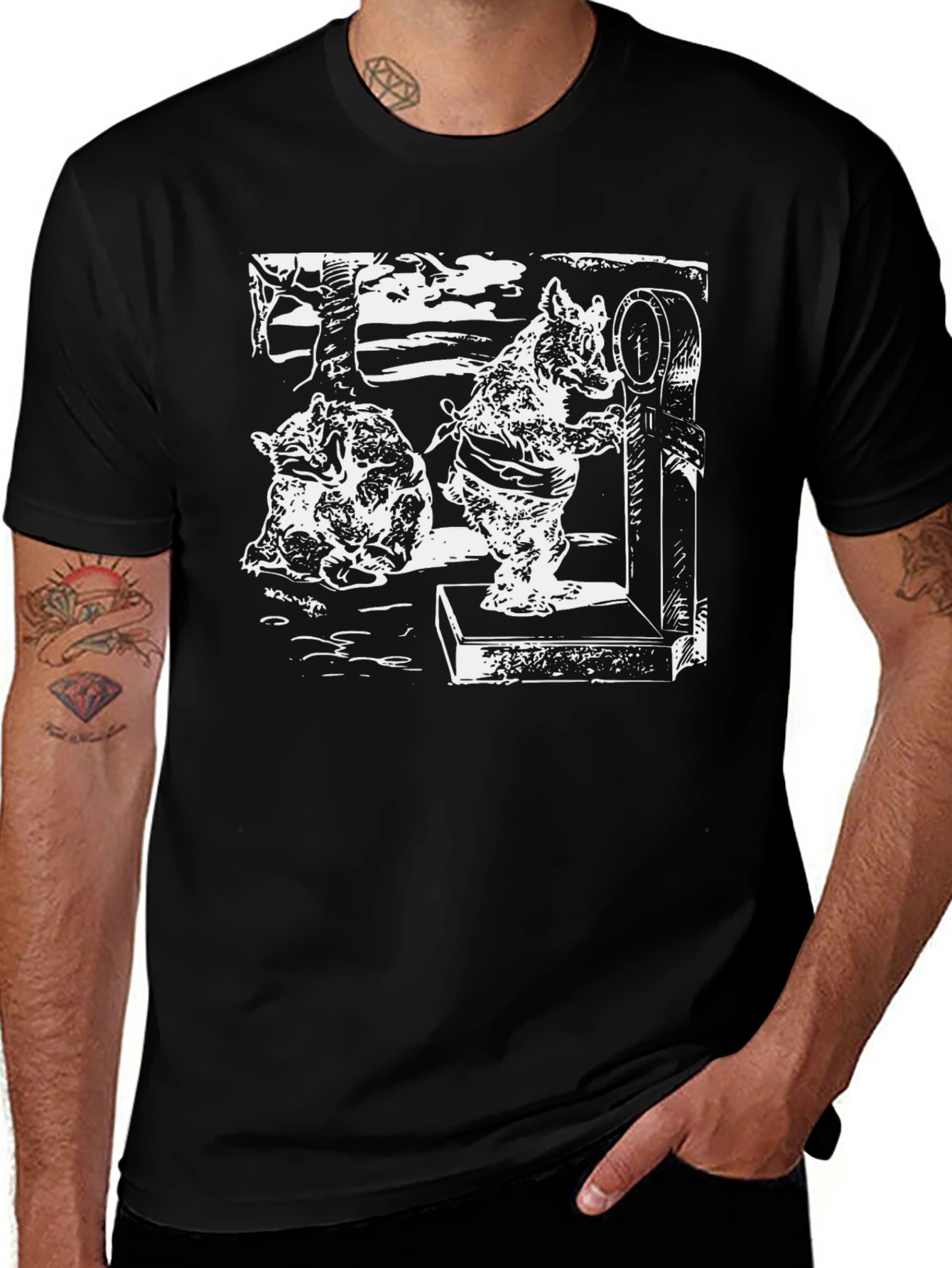 Black T-Shirt with Boar Weighing Drawing