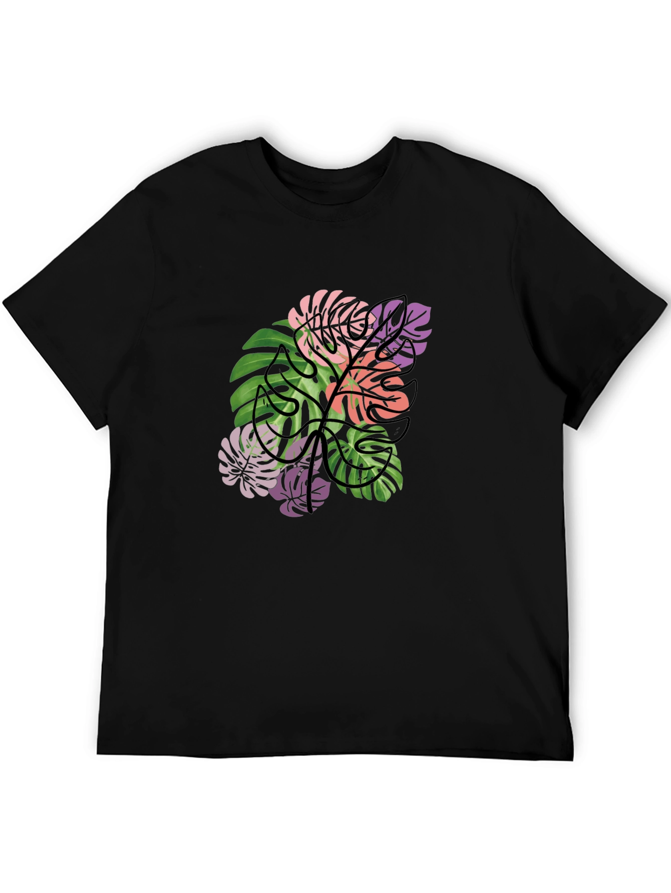 Tropical Monstera Leaf Graphic T-Shirt - Black
