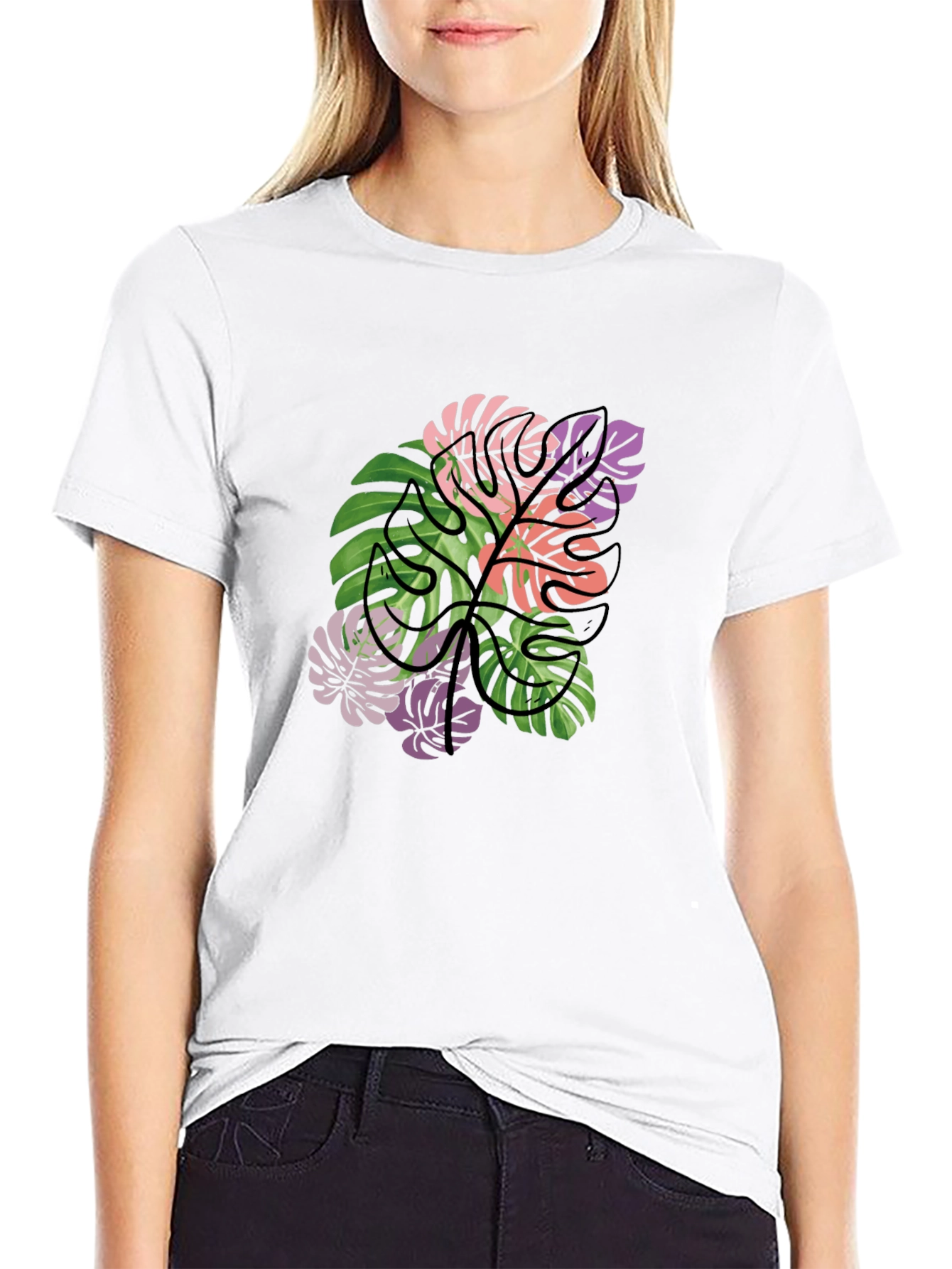 Tropical Monstera Leaf Graphic T-Shirt - Black