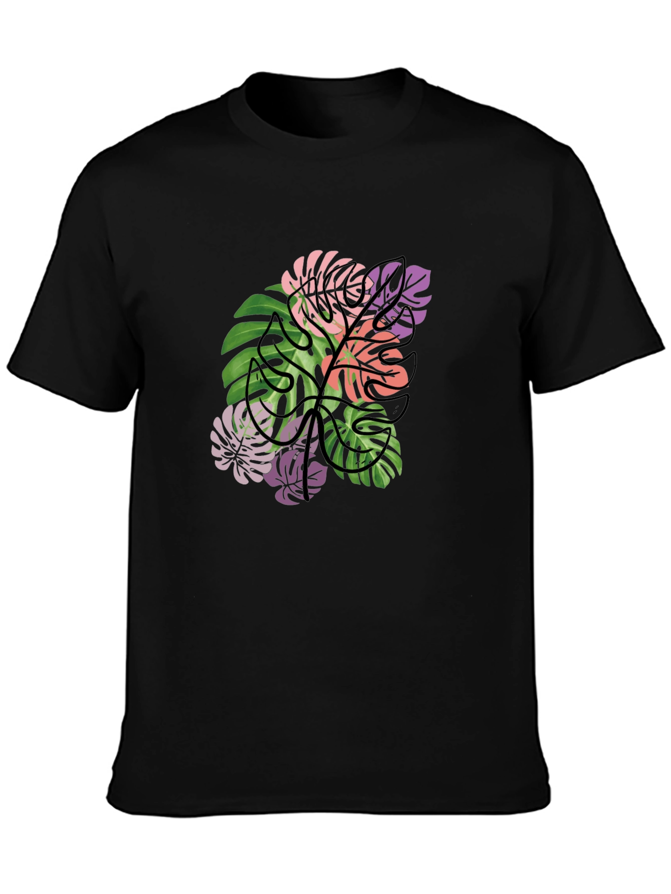 Tropical Monstera Leaf Graphic T-Shirt - Black