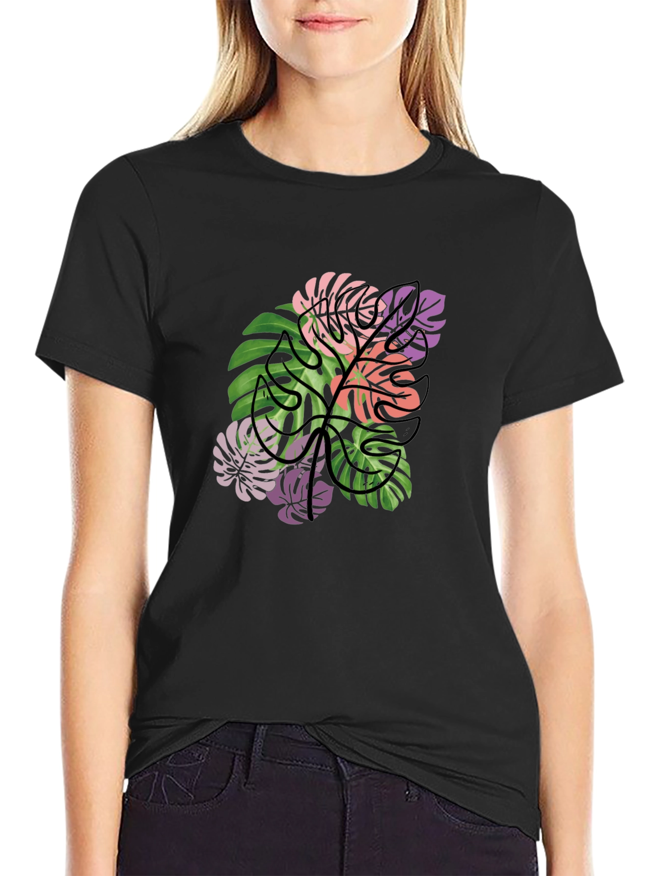 Tropical Monstera Leaf Graphic T-Shirt - Black