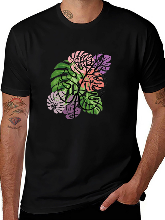 Tropical Monstera Leaf Graphic T-Shirt - Black