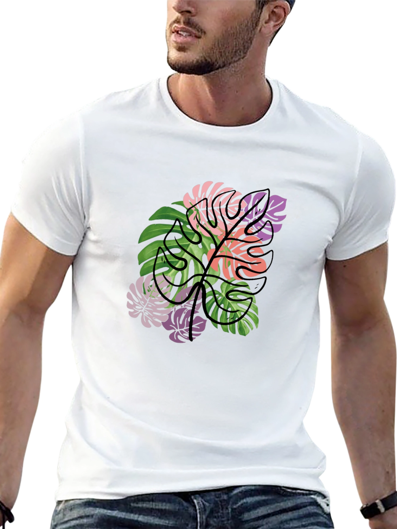 Tropical Monstera Leaf Graphic T-Shirt - Black