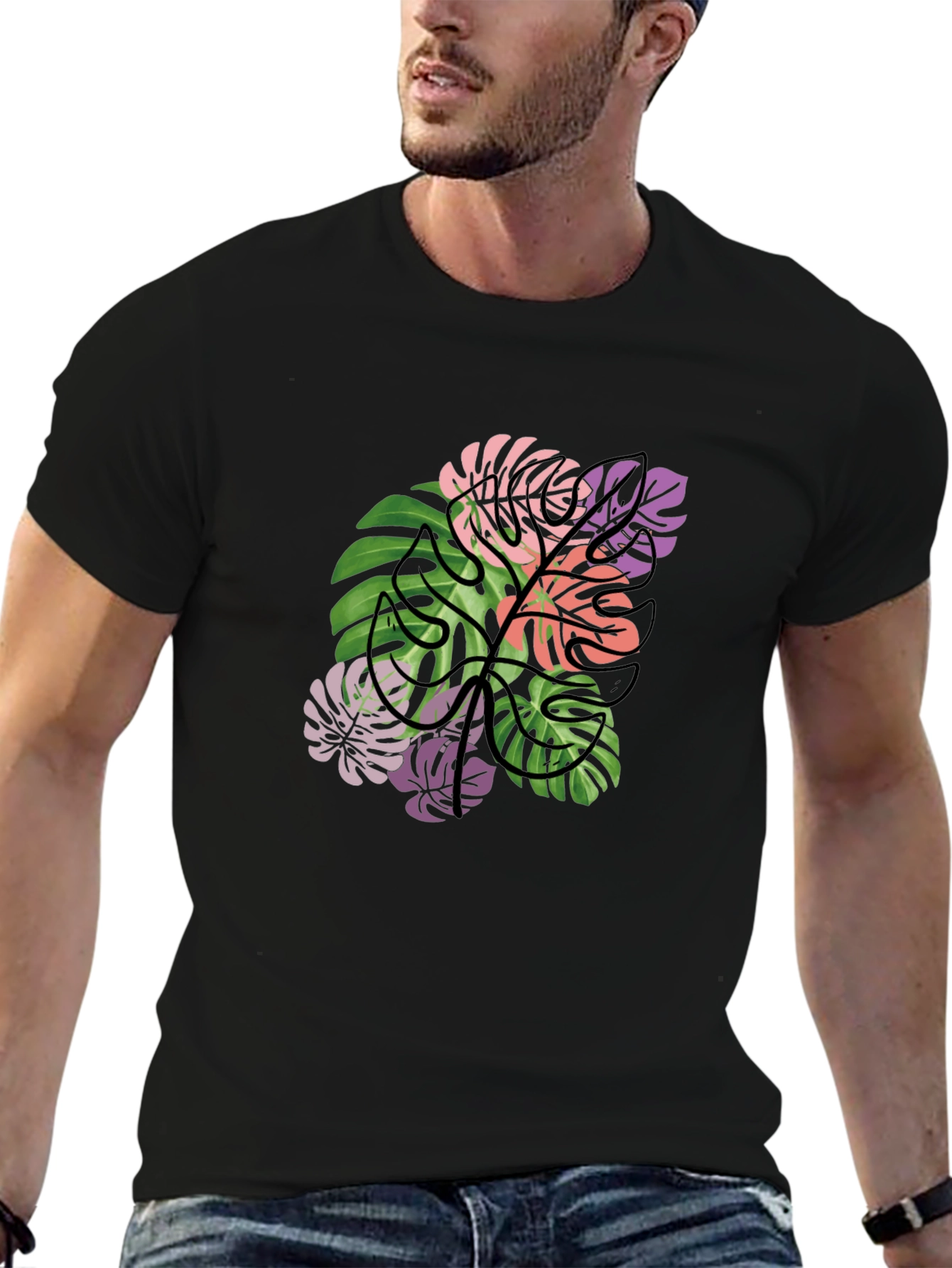Tropical Monstera Leaf Graphic T-Shirt - Black