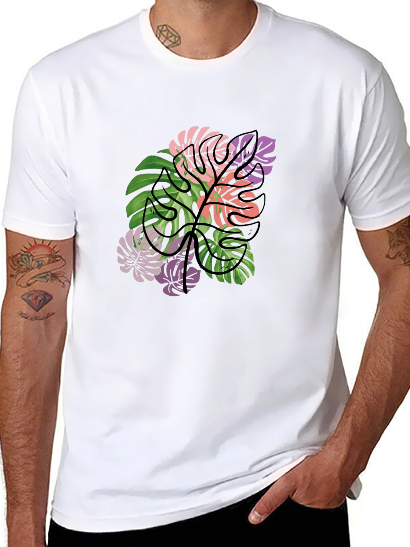 Tropical Monstera Leaf Graphic T-Shirt - Black