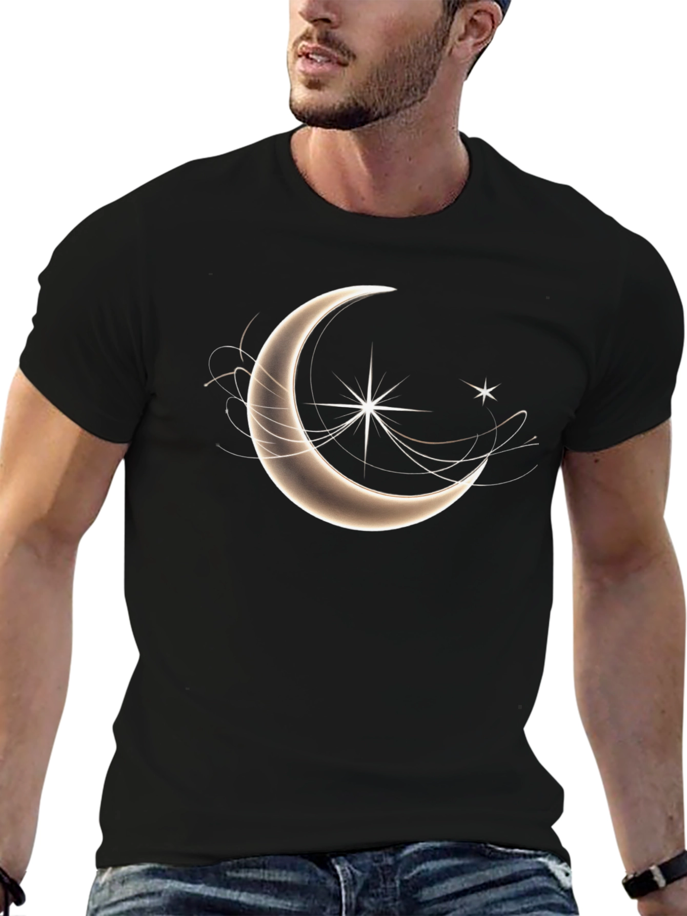 Celestial Crescent Moon Star Graphic T-Shirt - Black