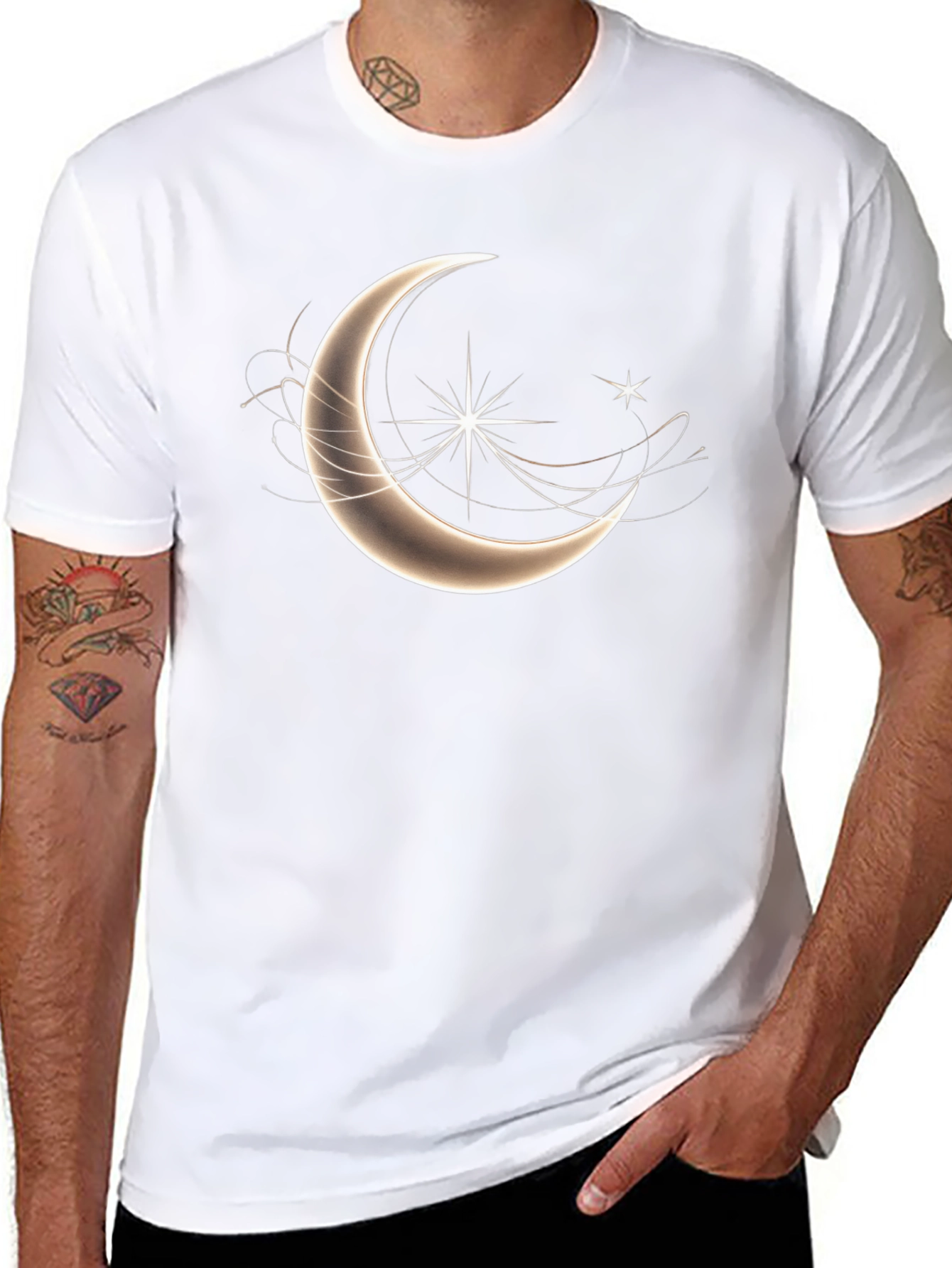 Celestial Crescent Moon Star Graphic T-Shirt - Black
