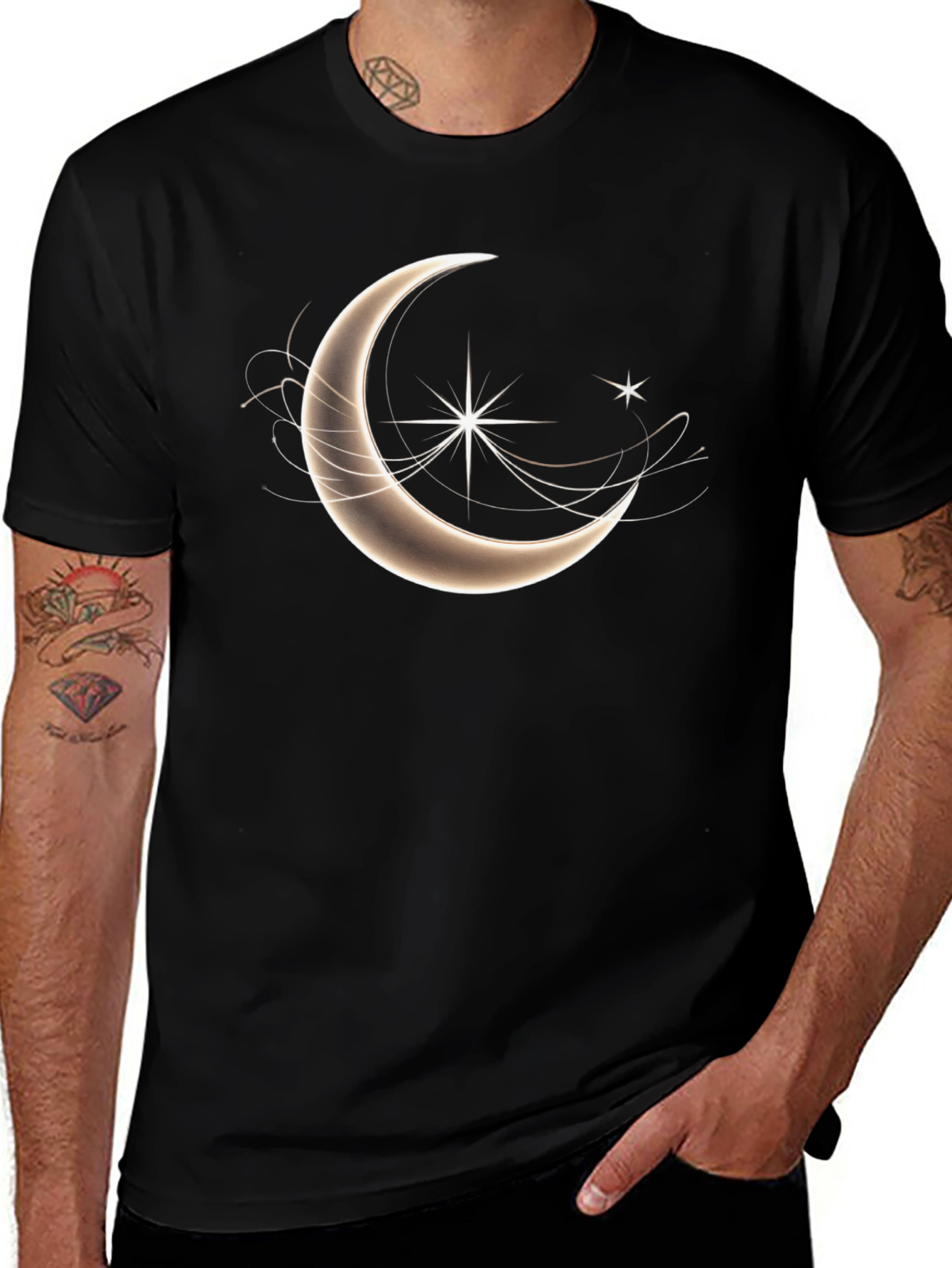 Celestial Crescent Moon Star Graphic T-Shirt - Black