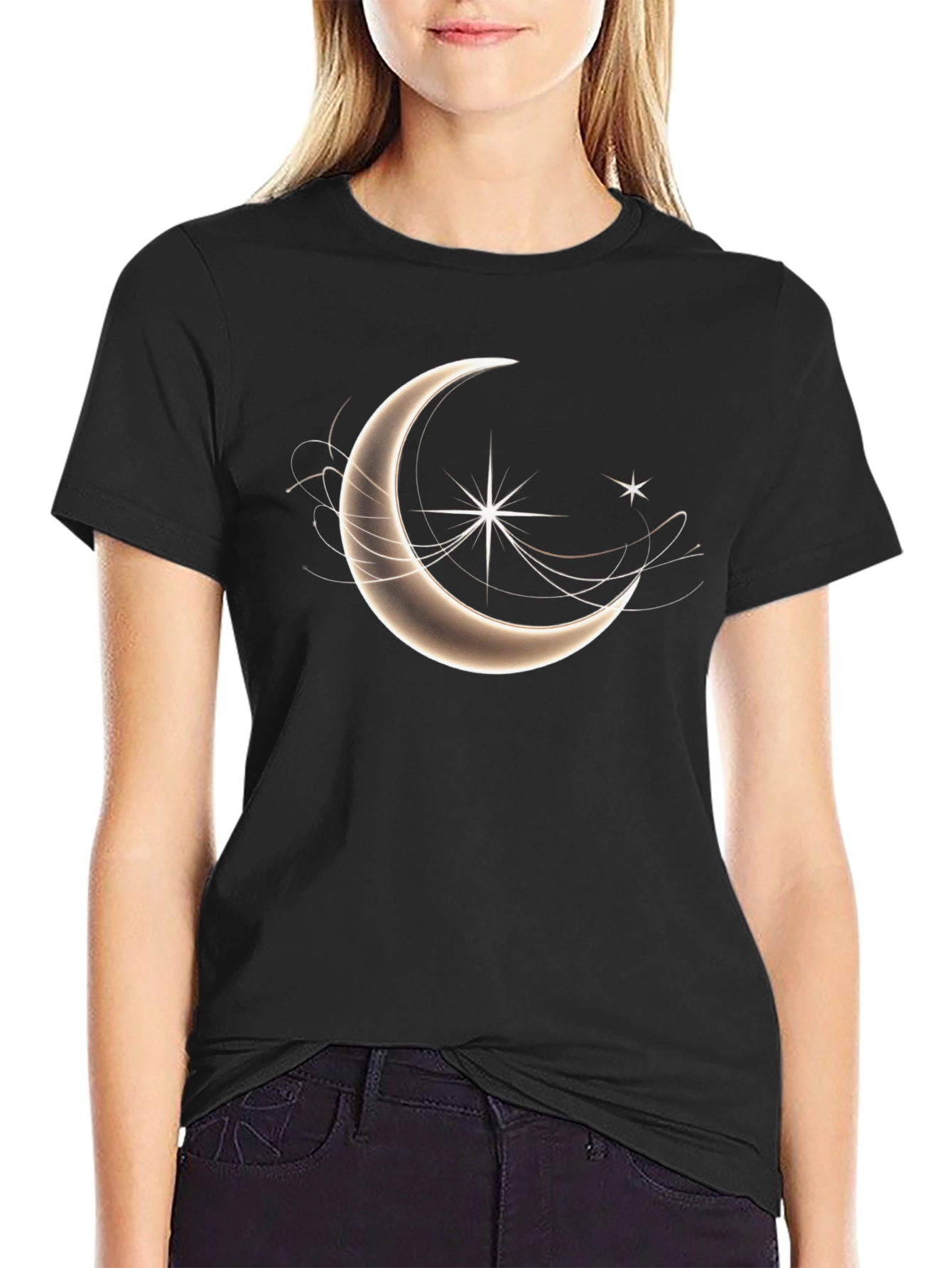 Celestial Crescent Moon Star Graphic T-Shirt - Black