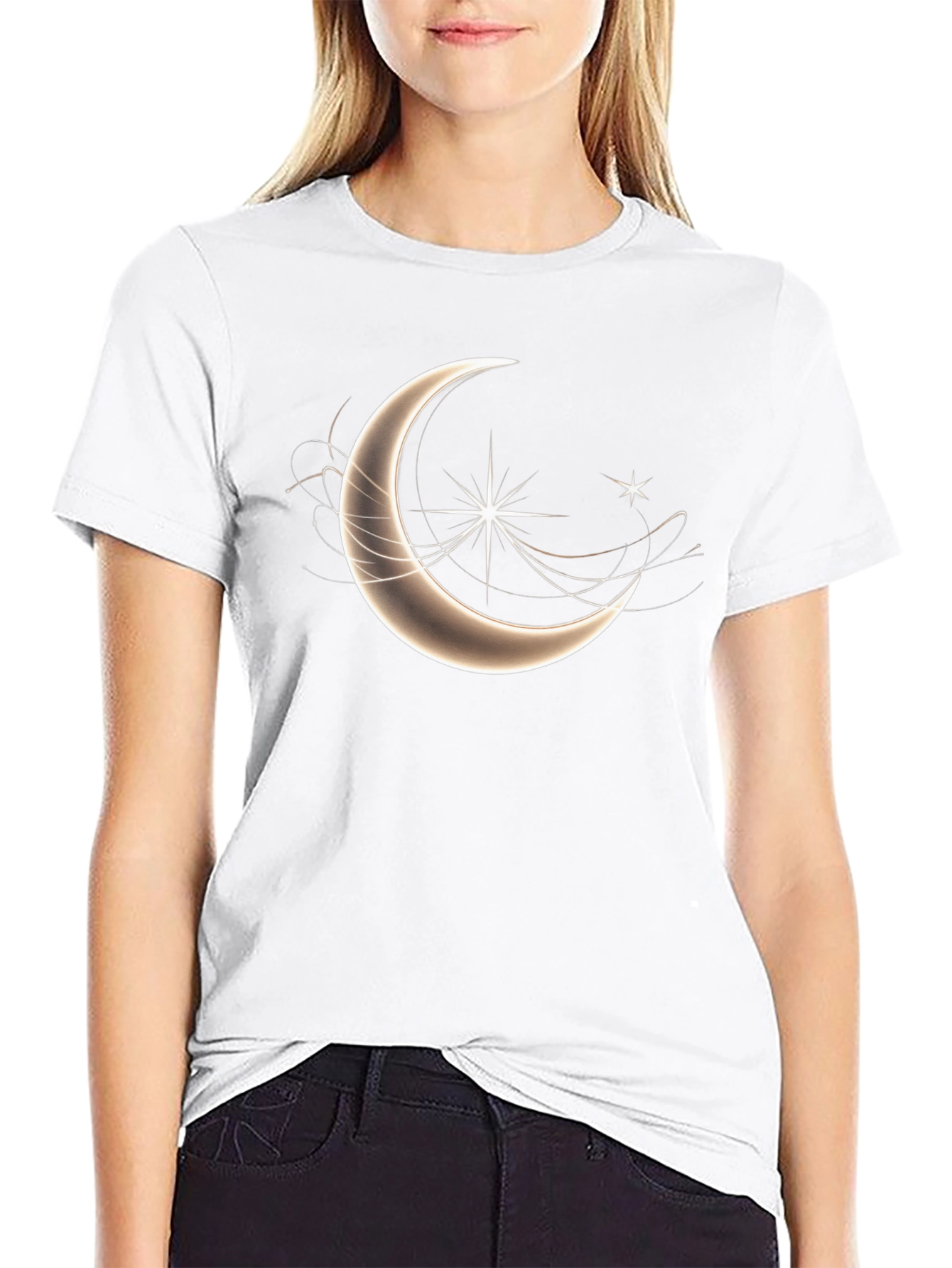 Celestial Crescent Moon Star Graphic T-Shirt - Black