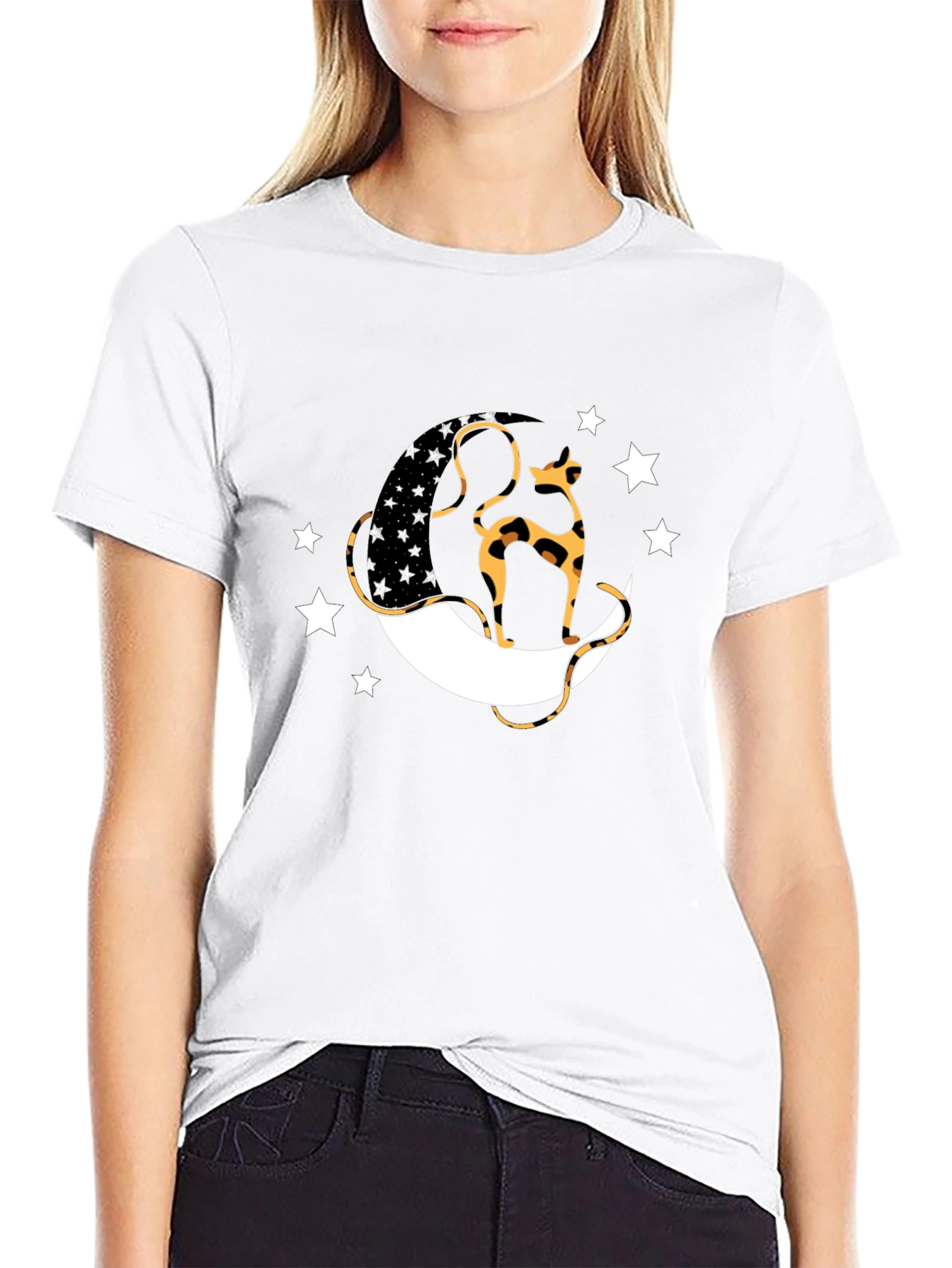 Black T-Shirt with Cat & Moon Design
