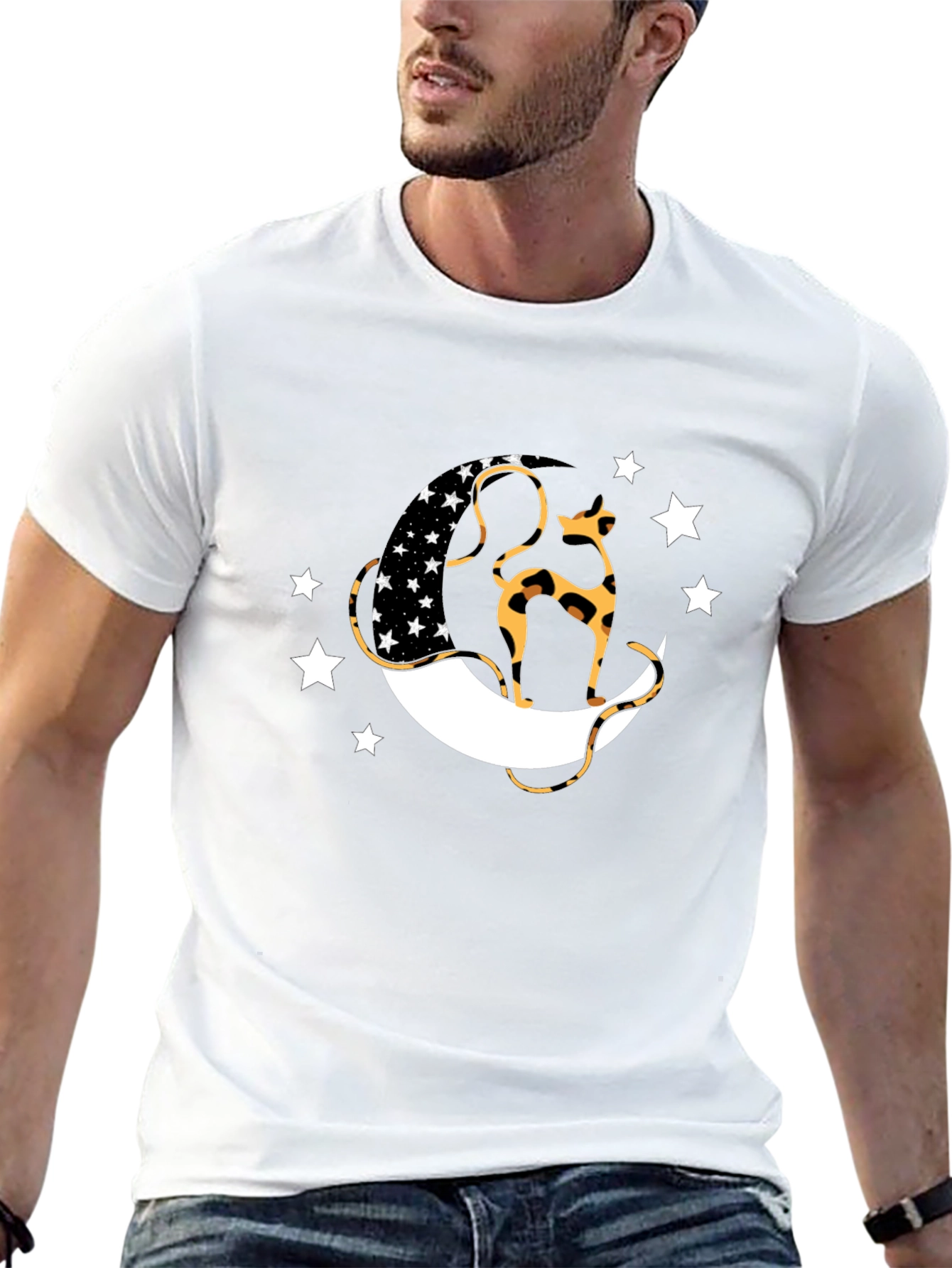 Black T-Shirt with Cat & Moon Design