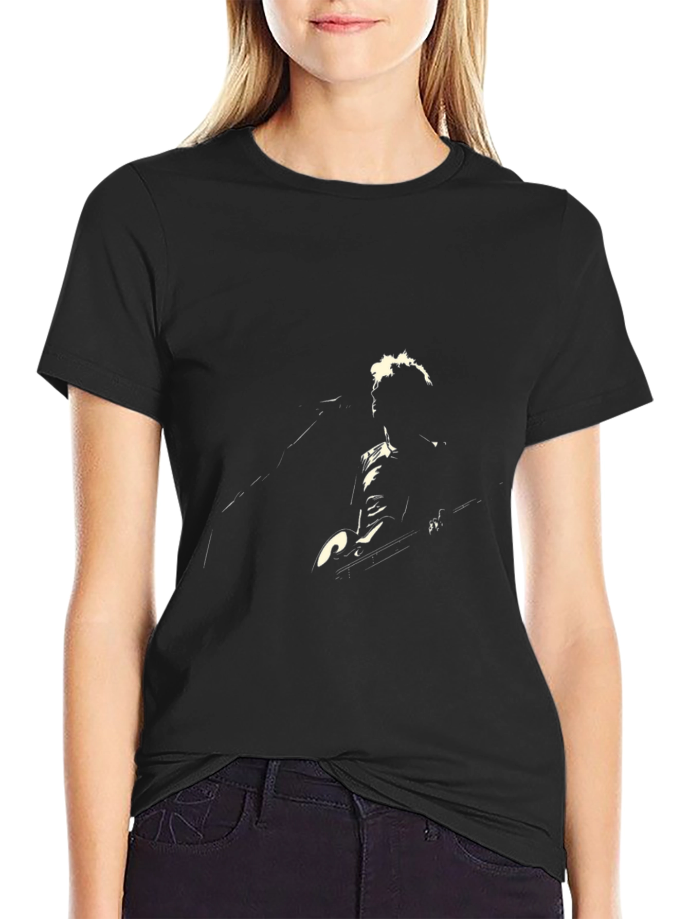 Black T-Shirt with Musician Silhouette Graphic