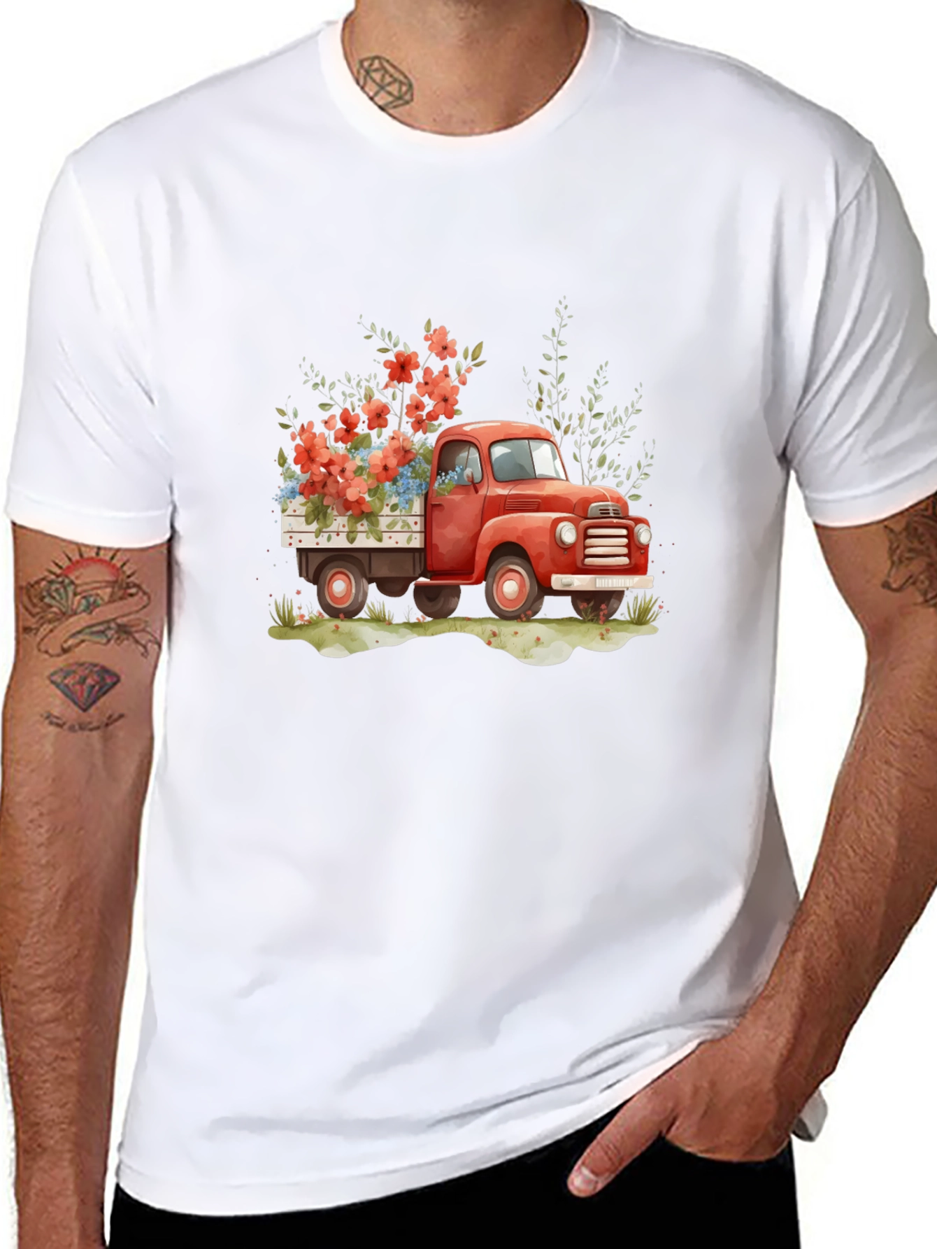 Red Truck with Flowers Graphic Tee