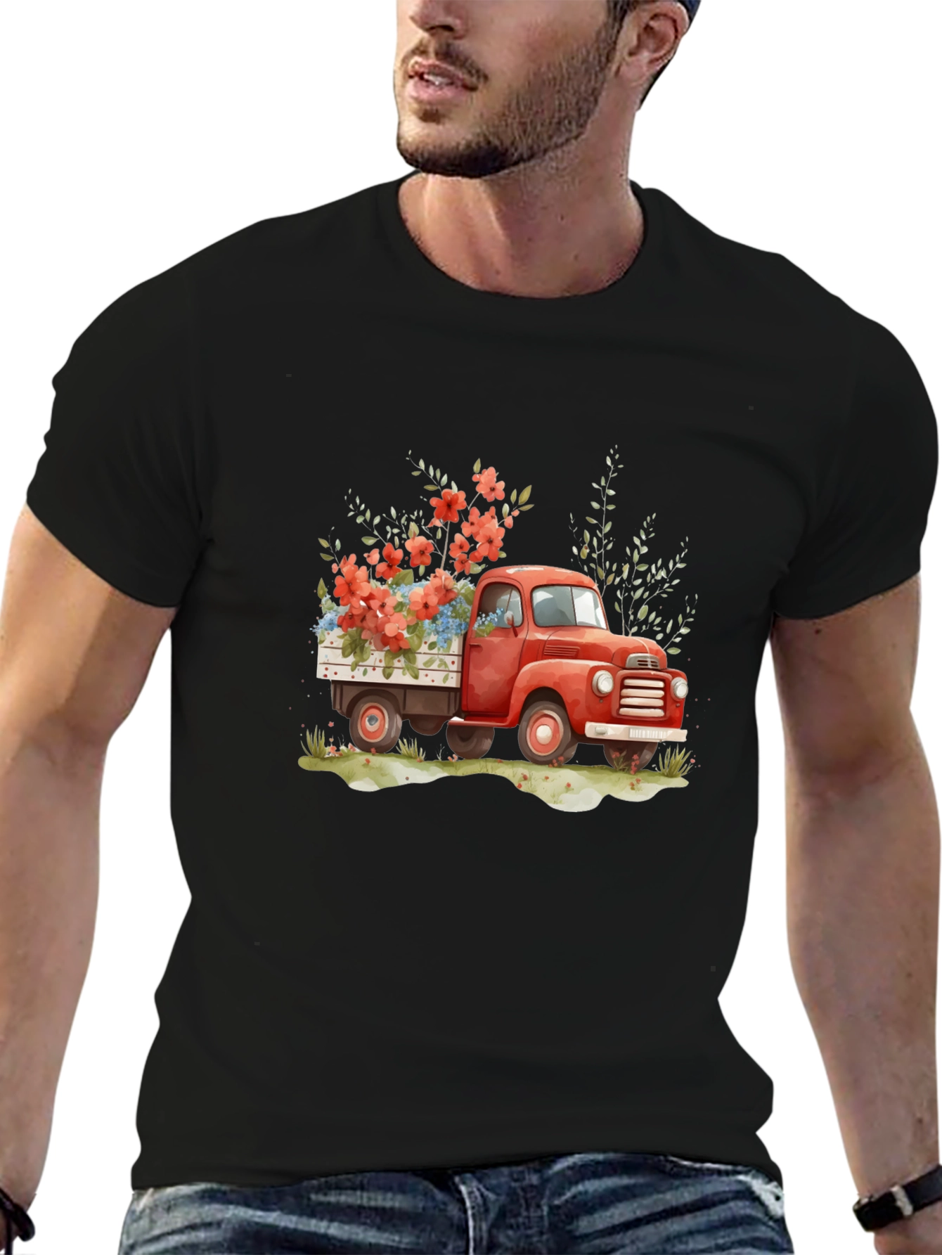 Red Truck with Flowers Graphic Tee