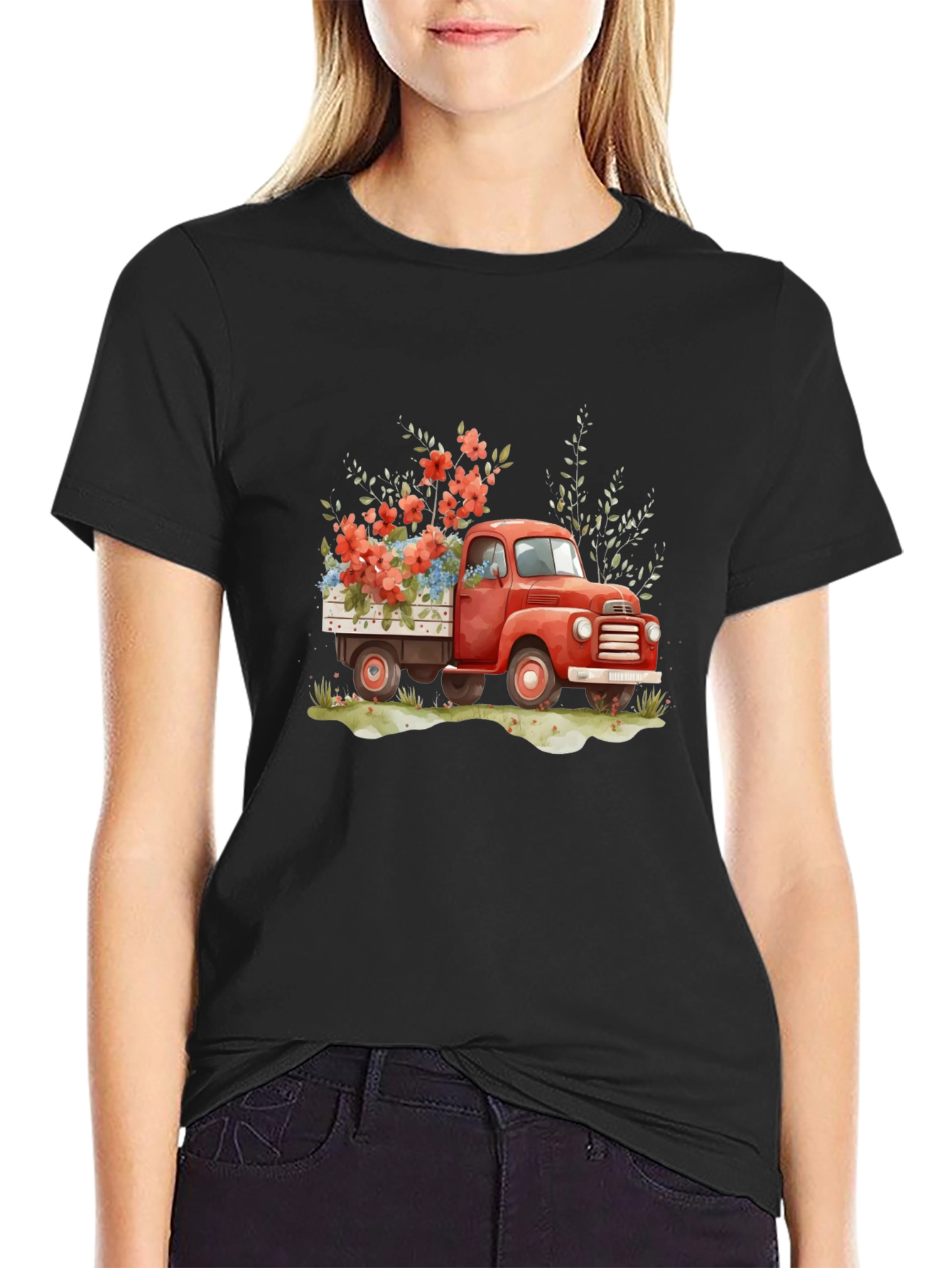 Red Truck with Flowers Graphic Tee