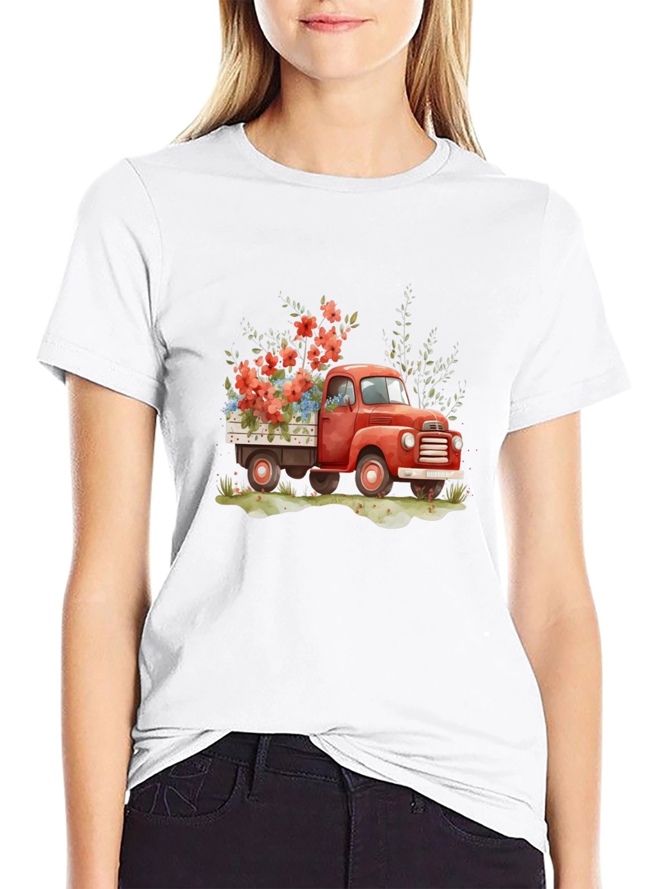 Red Truck with Flowers Graphic Tee