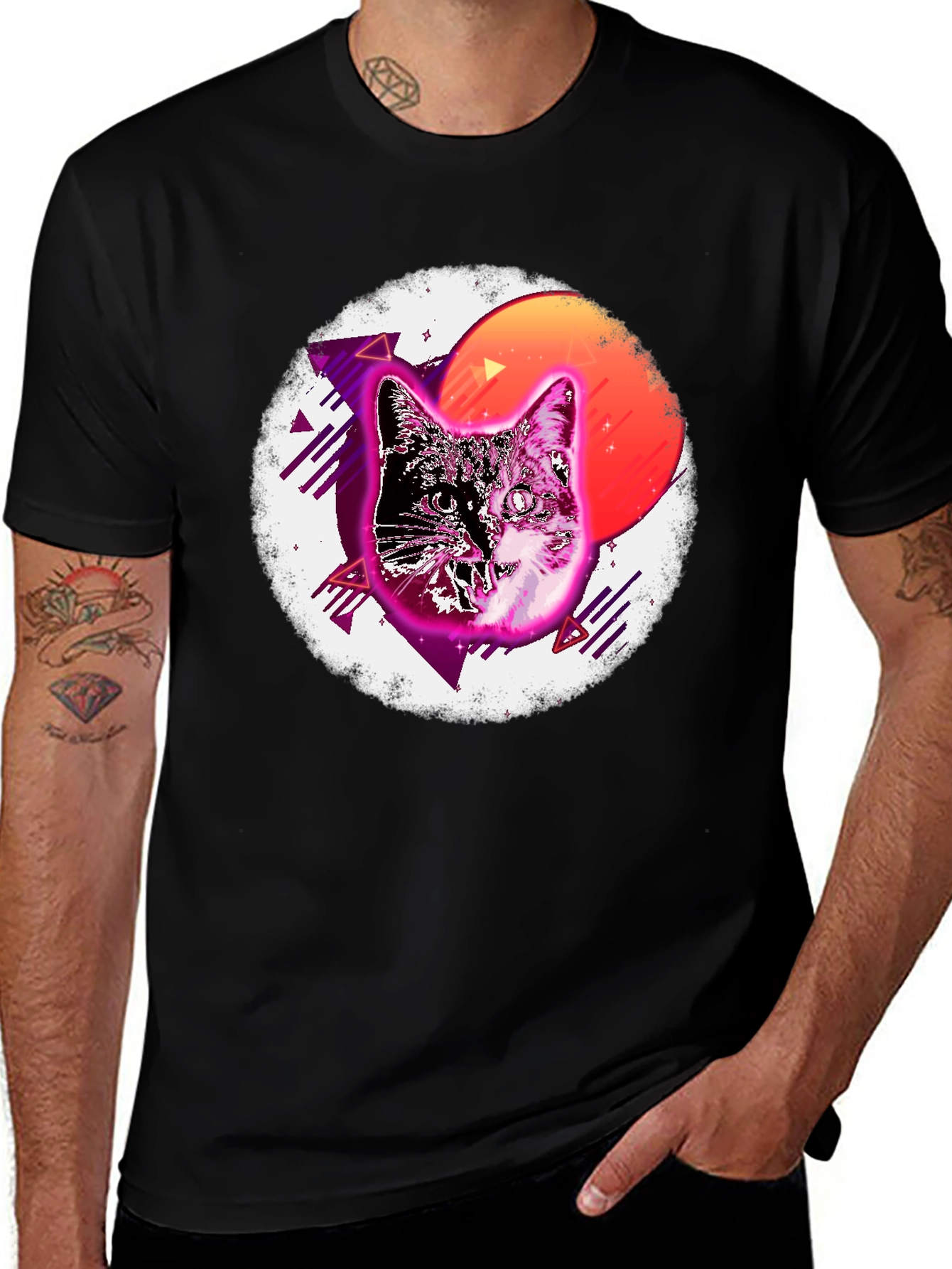Retro Cat Graphic T-Shirt - Mens Black Tee