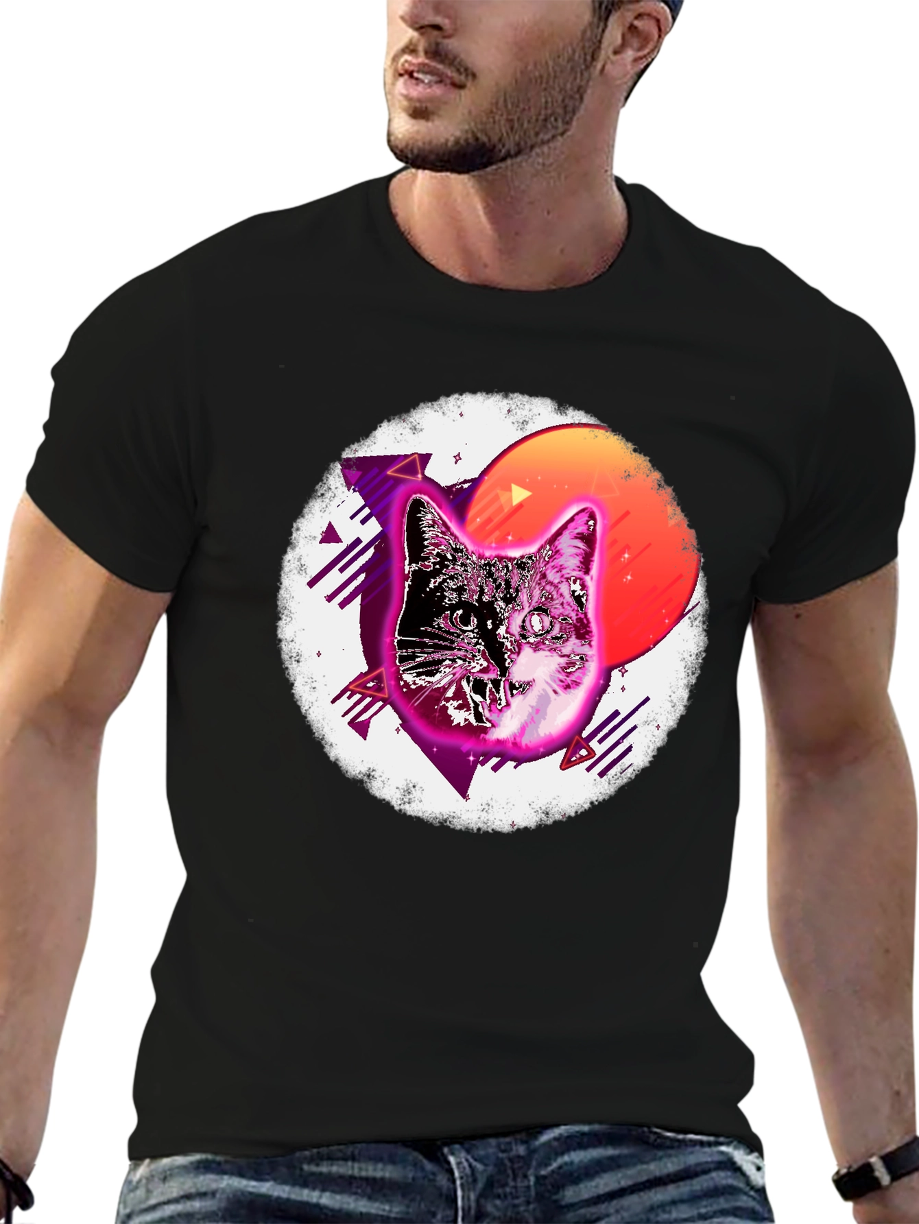 Retro Cat Graphic T-Shirt - Mens Black Tee