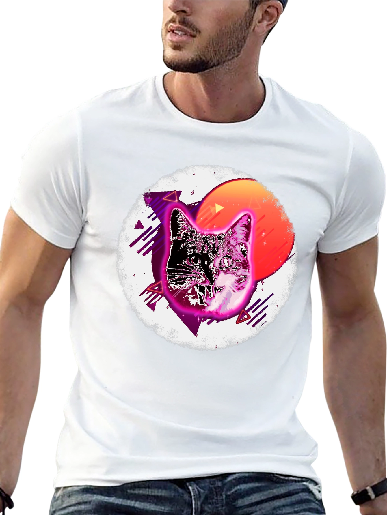Retro Cat Graphic T-Shirt - Mens Black Tee