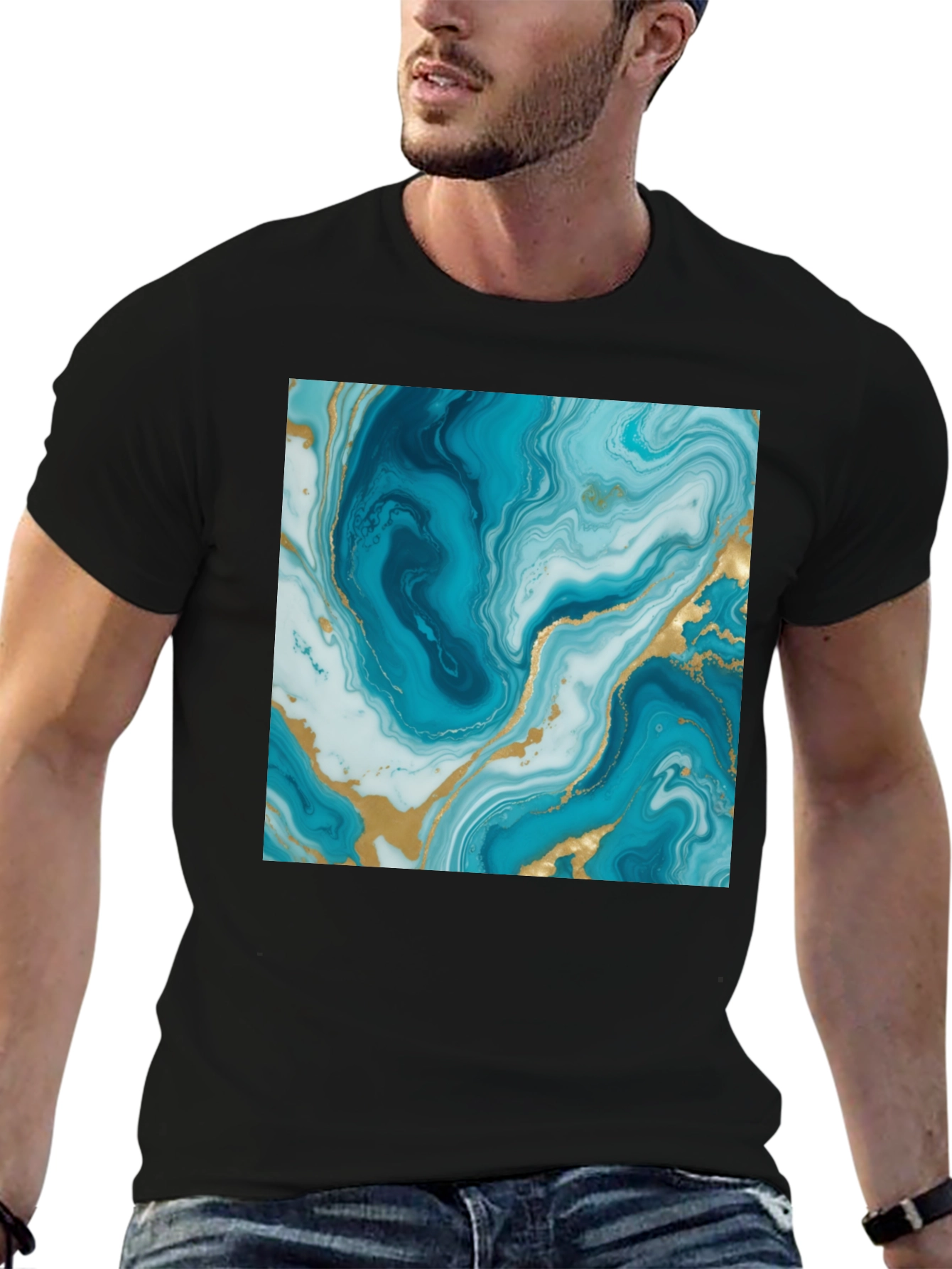 Blue Marble Swirl Graphic Tee - Modern Art Shirt
