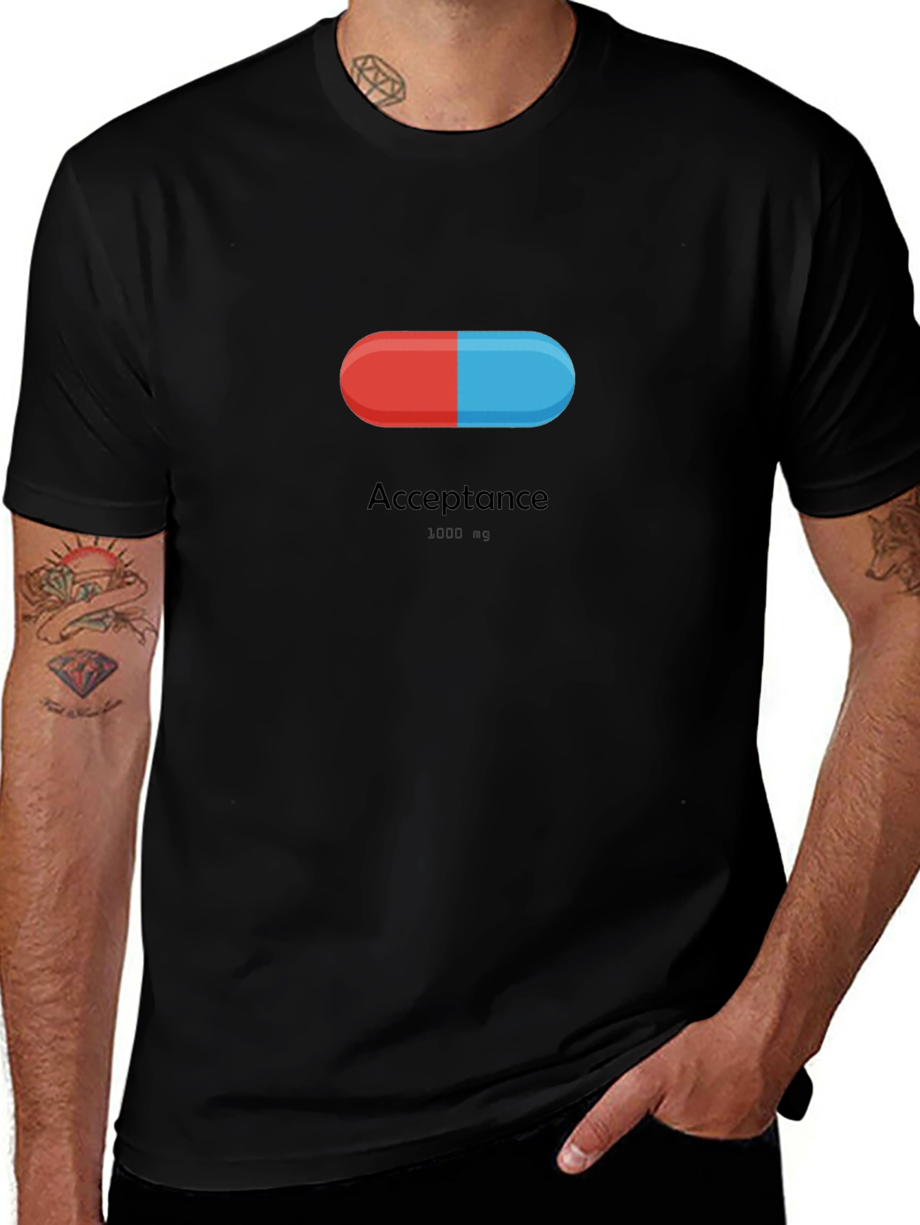 Acceptance Pill T-Shirt - Red & Blue Black Tee