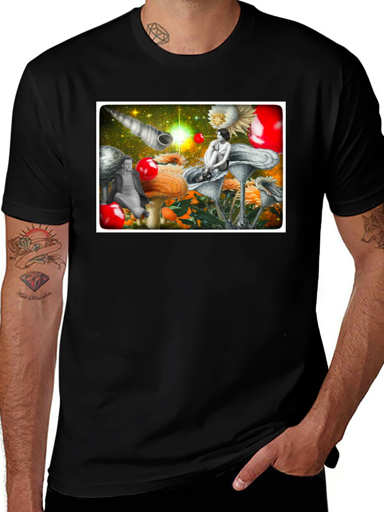 Surreal Mushroom Garden Graphic Tee - Black