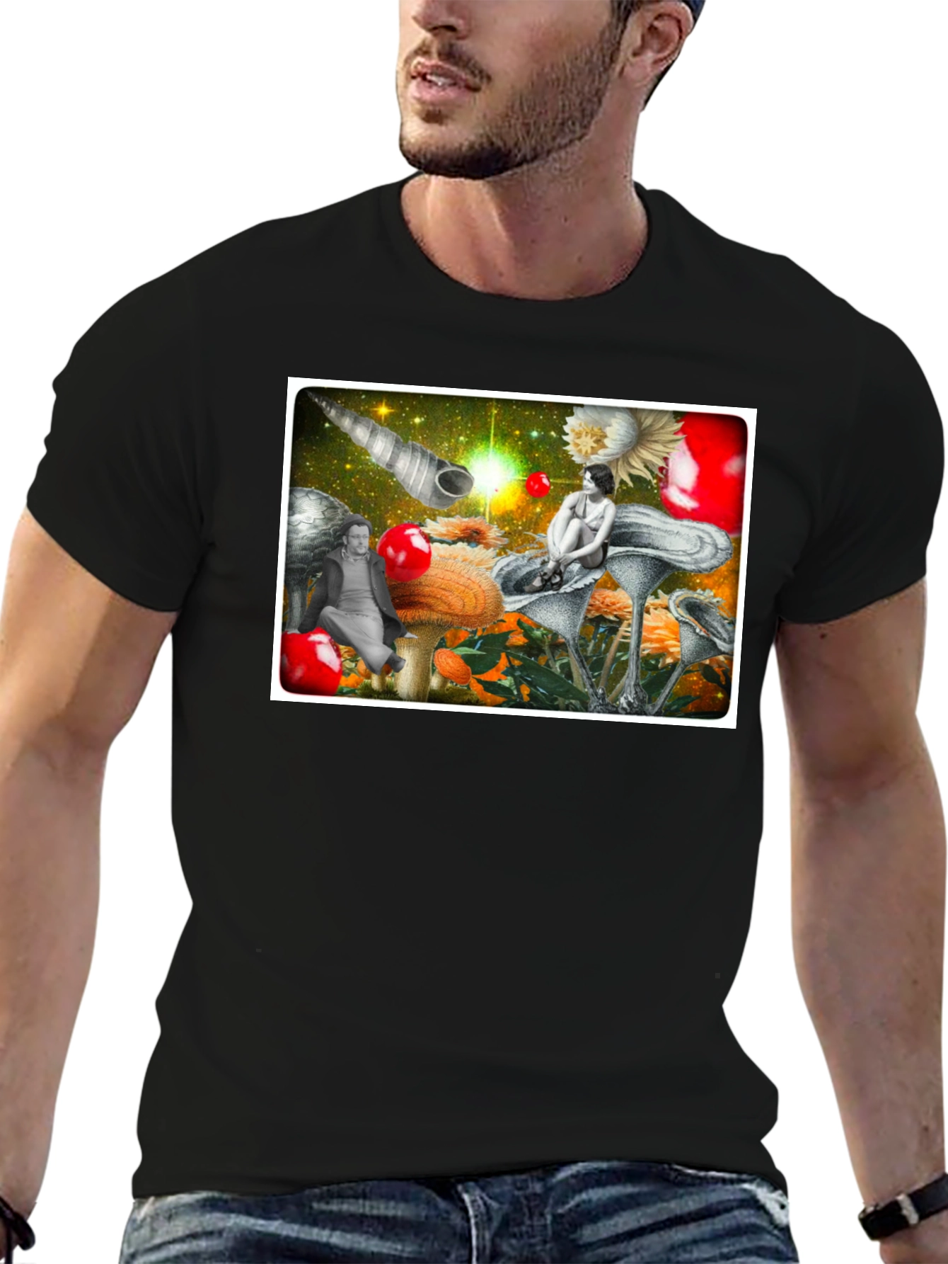 Surreal Mushroom Garden Graphic Tee - Black