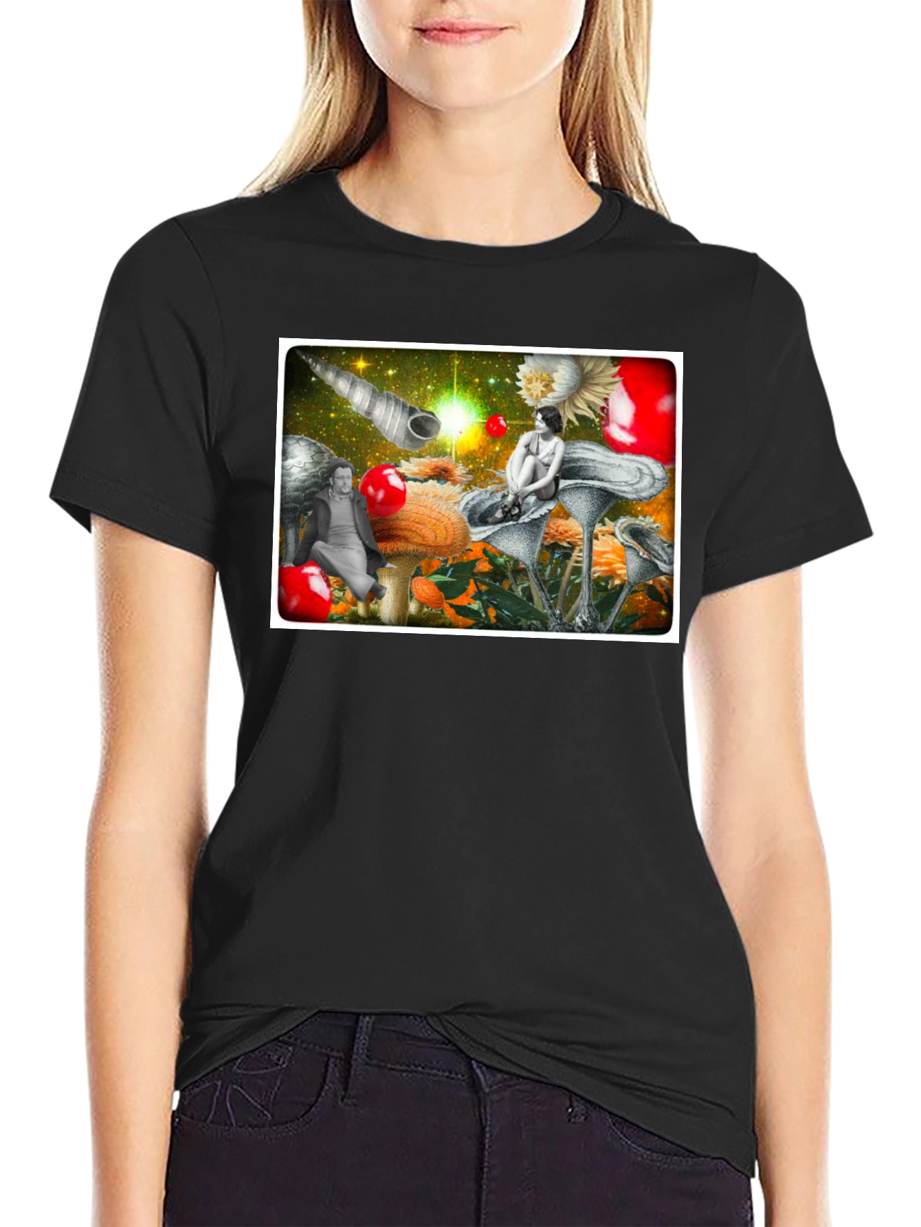 Surreal Mushroom Garden Graphic Tee - Black