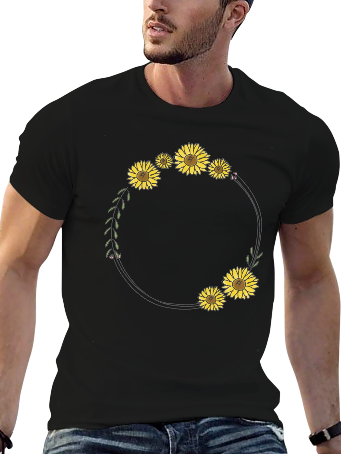 Sunflower Wreath Graphic Black T-Shirt