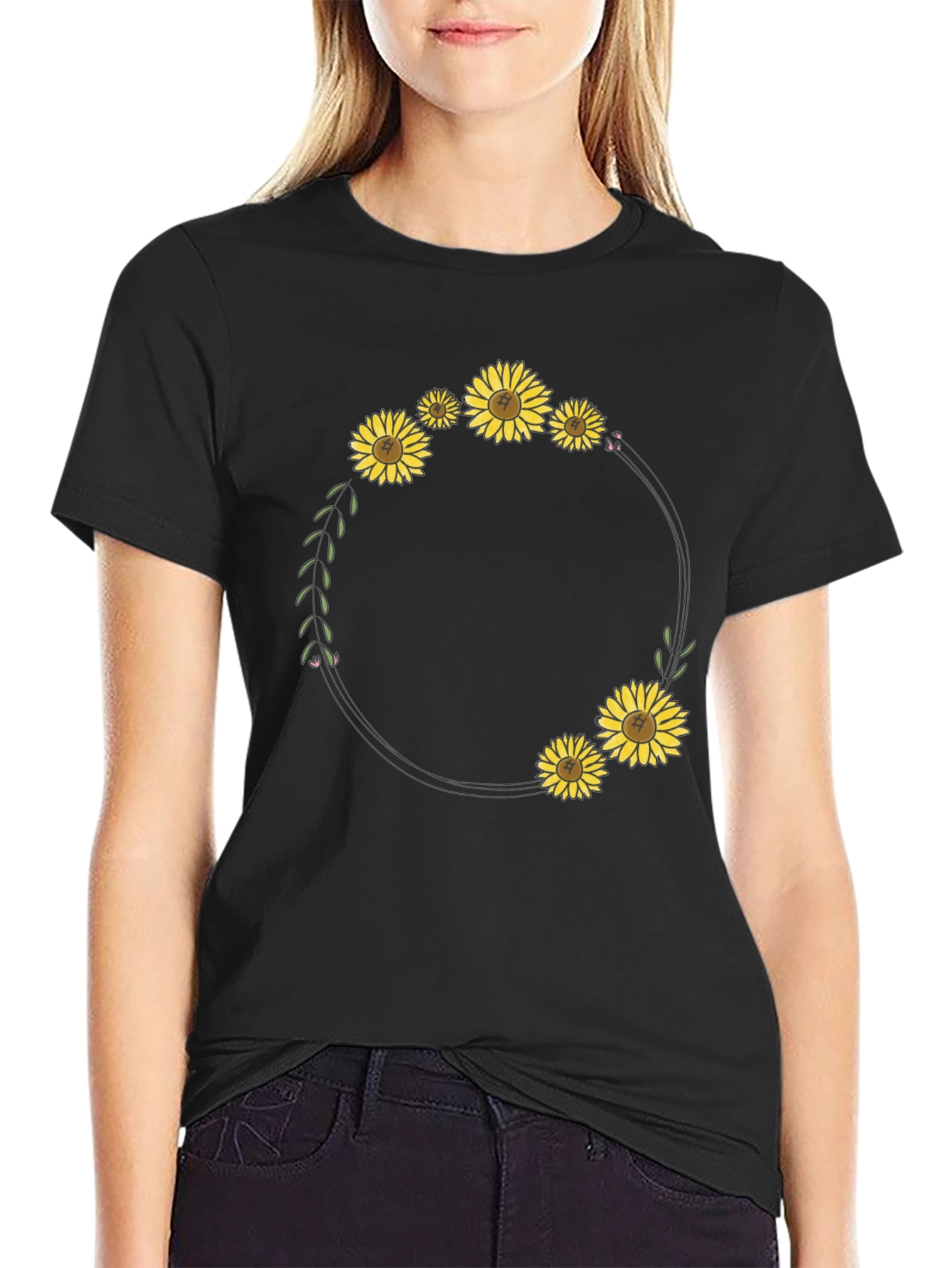 Sunflower Wreath Graphic Black T-Shirt