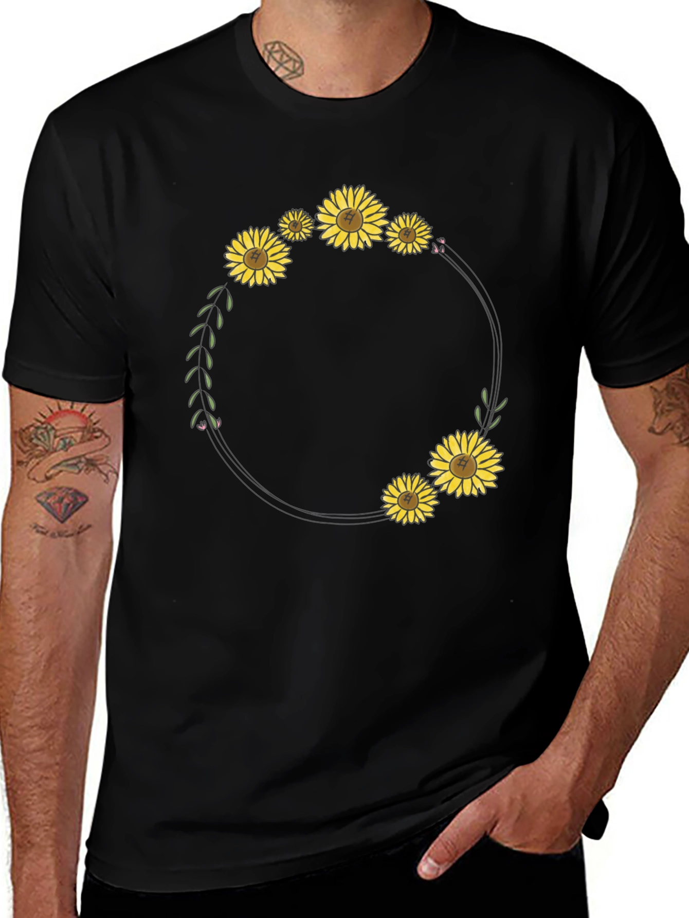 Sunflower Wreath Graphic Black T-Shirt