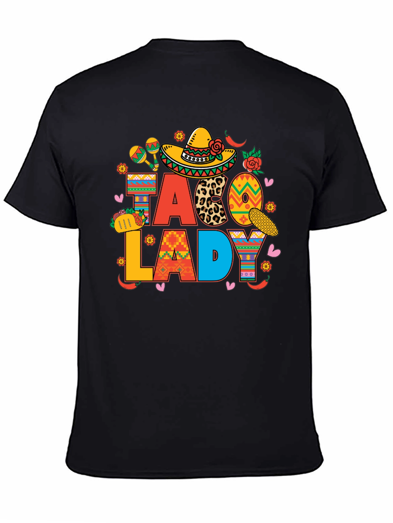 Taco Lady Black Graphic T-Shirt Cinco de Mayo