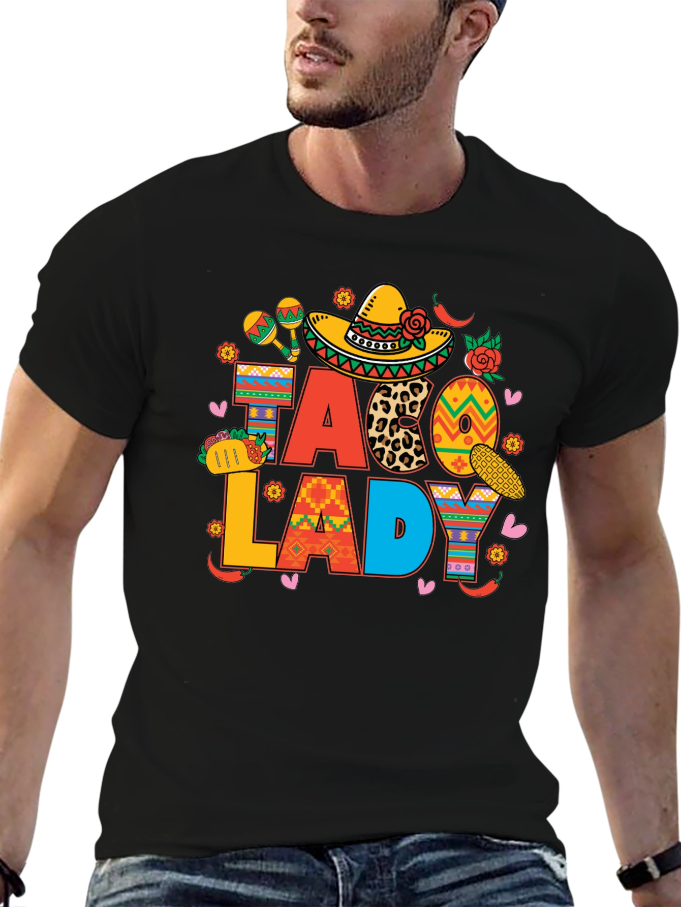 Taco Lady Black Graphic T-Shirt Cinco de Mayo