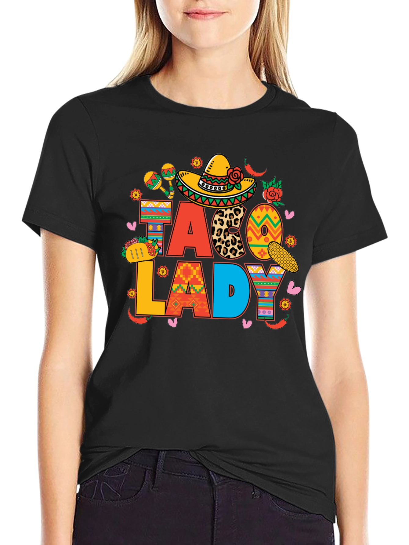 Taco Lady Black Graphic T-Shirt Cinco de Mayo