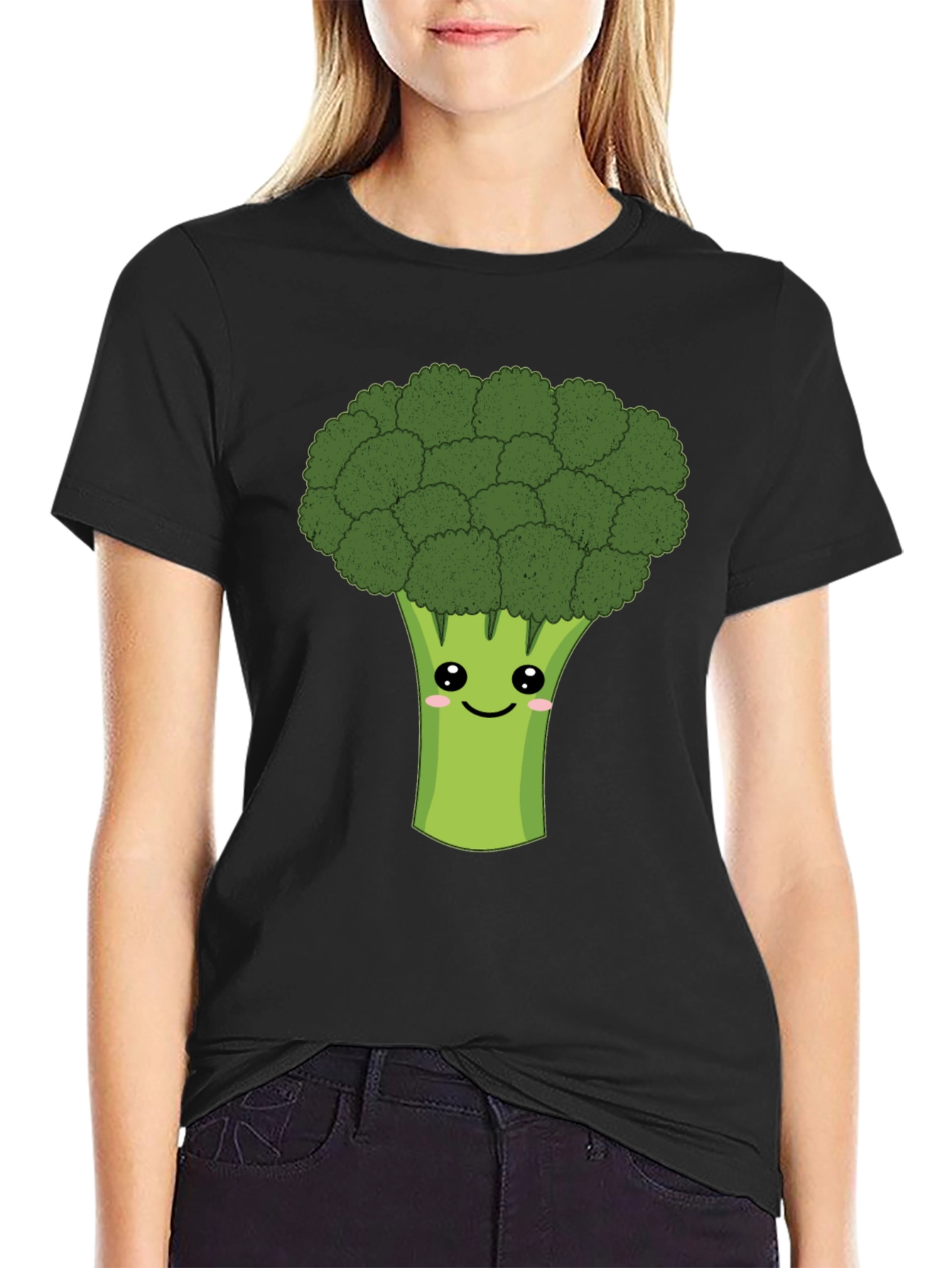 Cute Broccoli Graphic Tee - Black Cotton T-Shirt