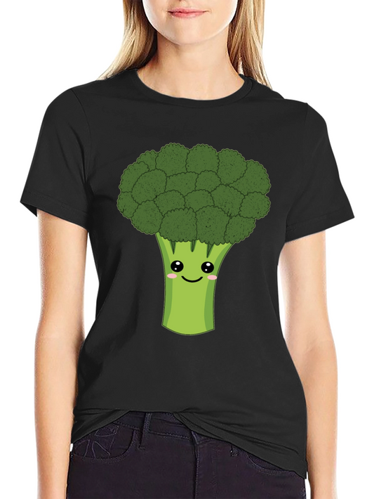 Cute Broccoli Graphic Tee - Black Cotton T-Shirt