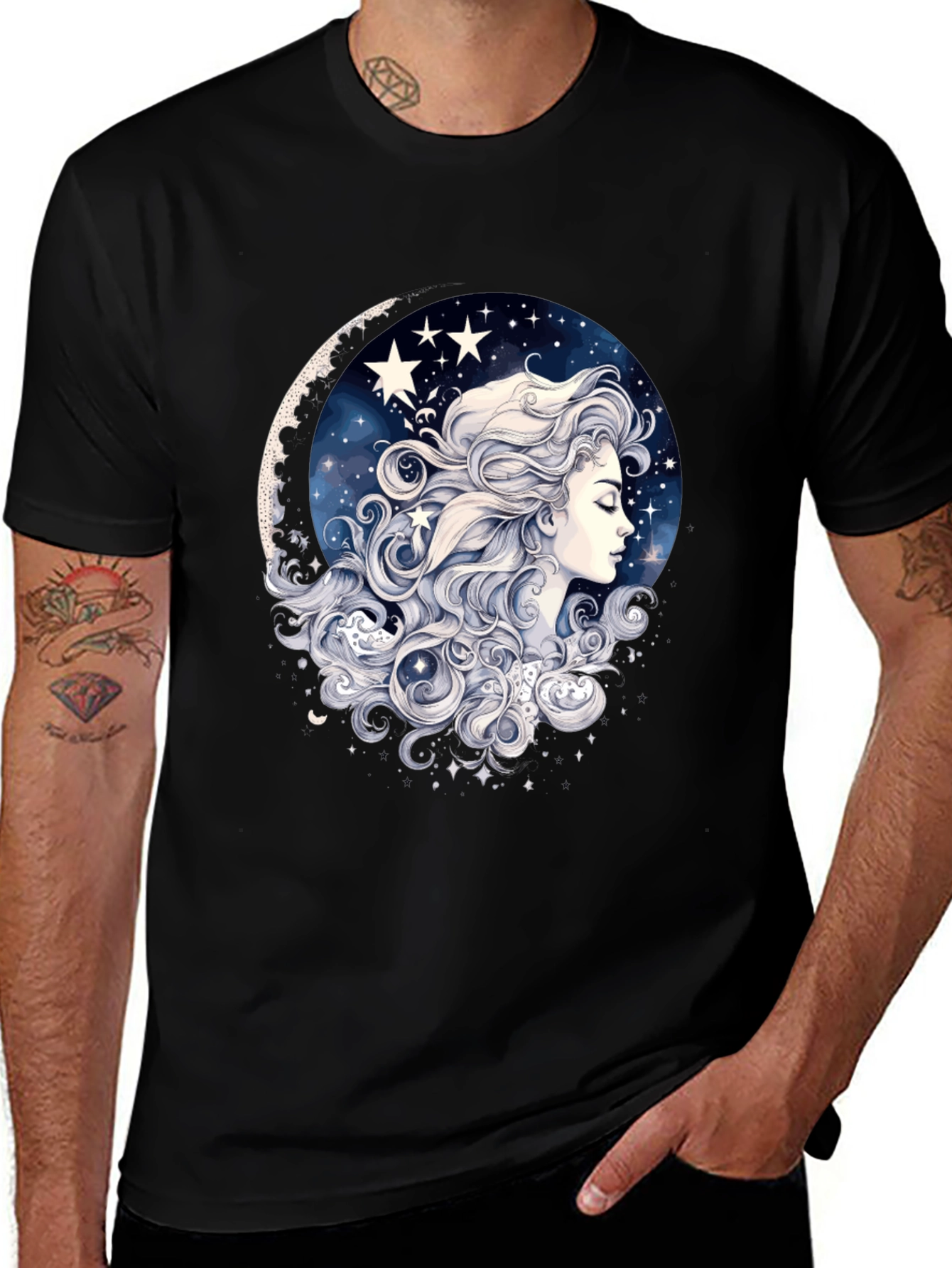 Celestial Dreamer Graphic Tee - Black Cotton Comfort