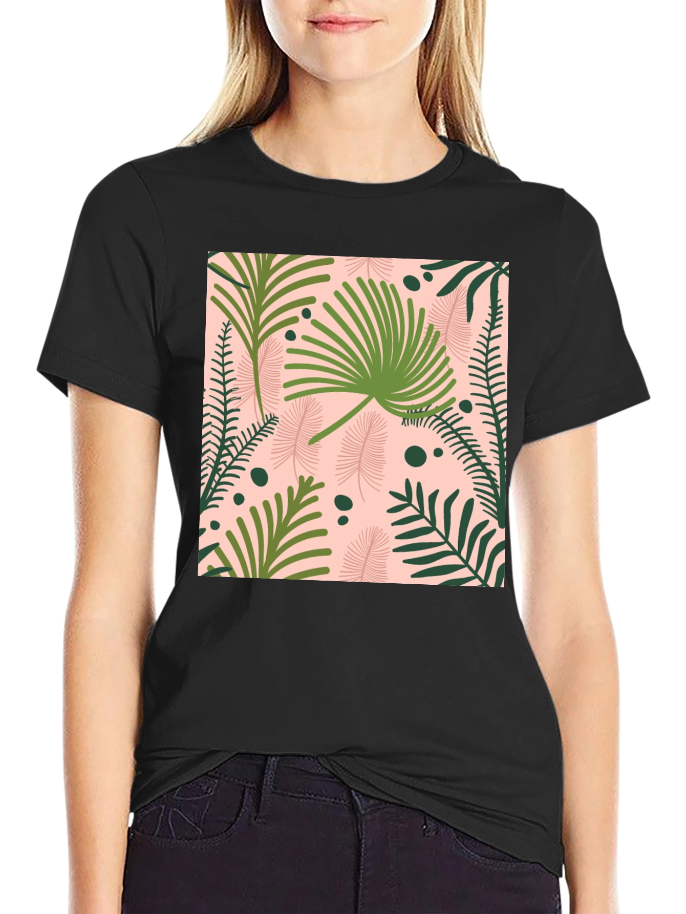 Tropical Leaves Print Black T-Shirt
