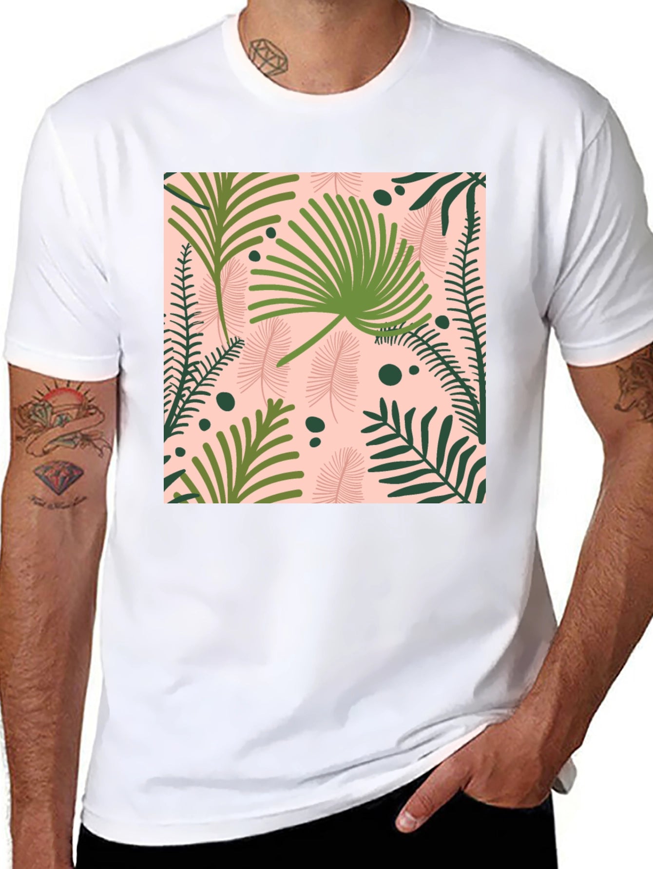 Tropical Leaves Print Black T-Shirt