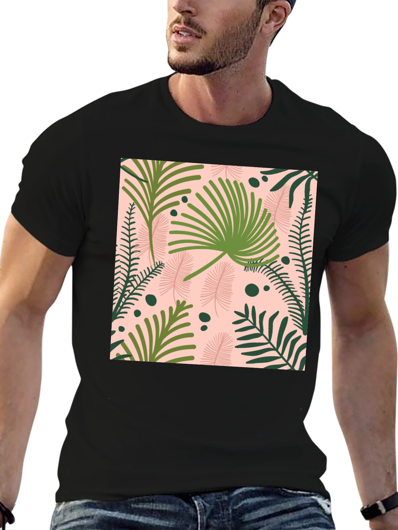 Tropical Leaves Print Black T-Shirt