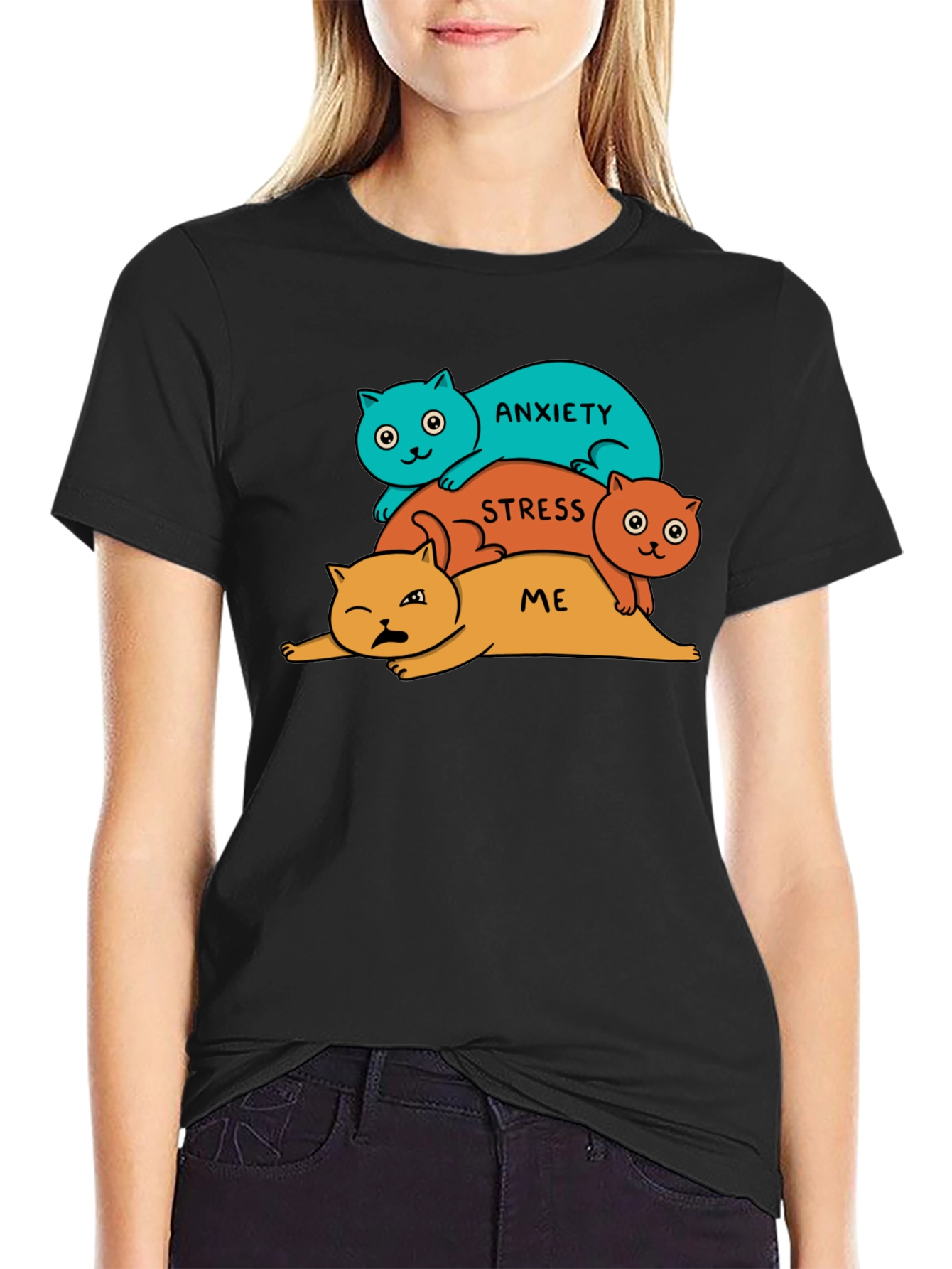 Anxiety Stress Me Cats Black T-Shirt