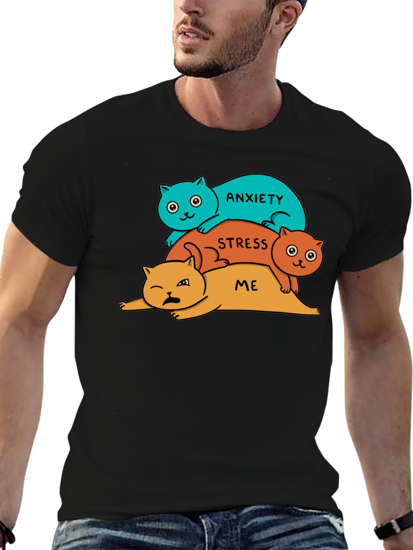 Anxiety Stress Me Cats Black T-Shirt