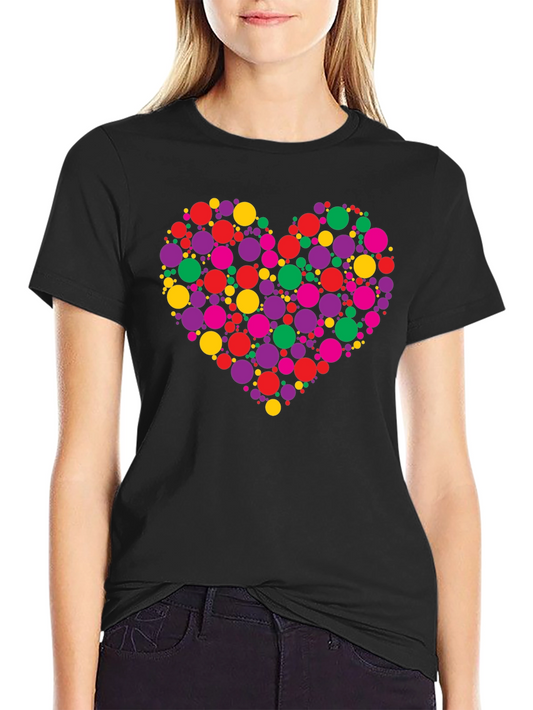 Colorful Dot Heart Graphic Black T-Shirt