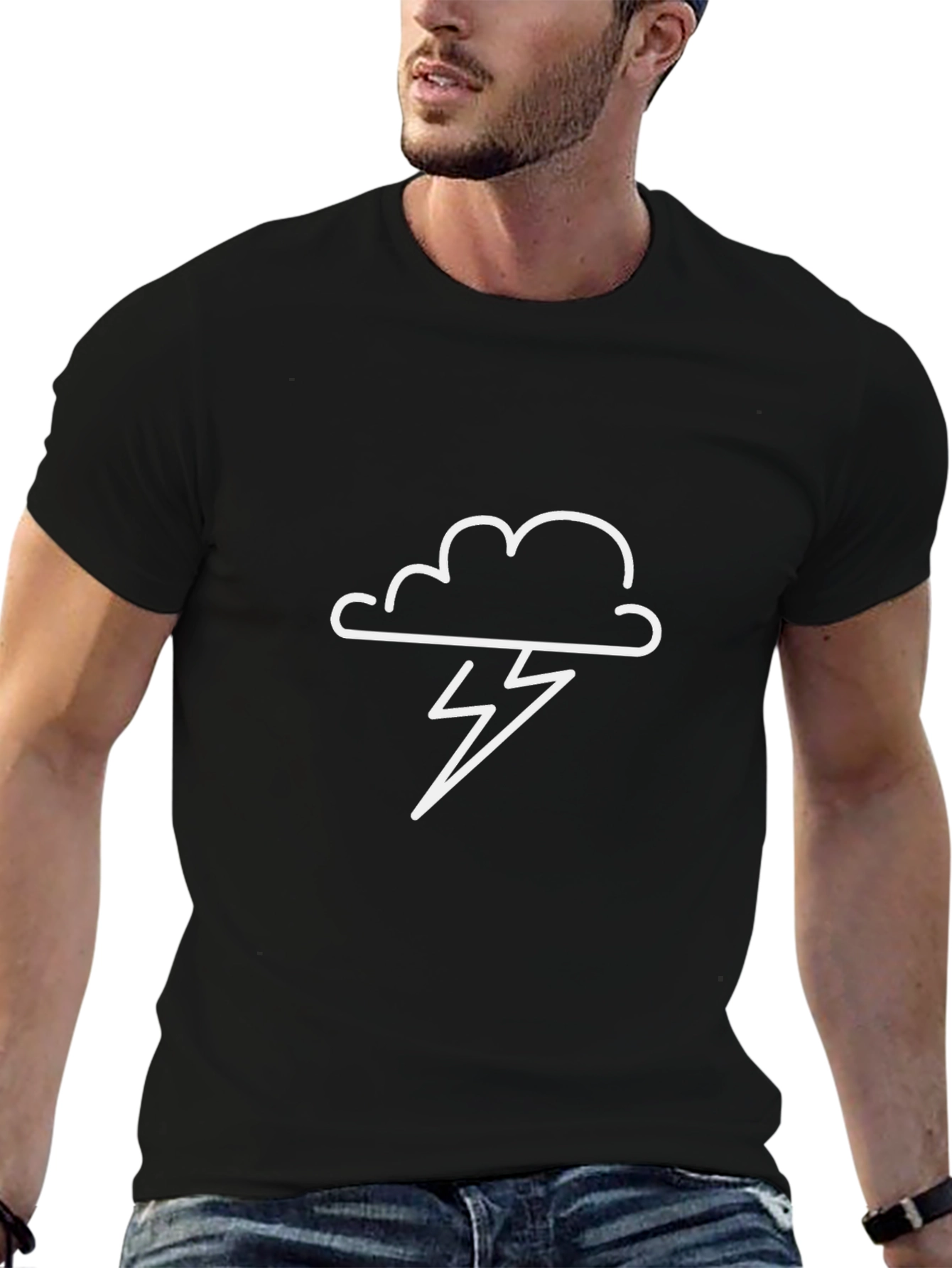 Black T-Shirt with Cloud and Lightning Bolt Graphic