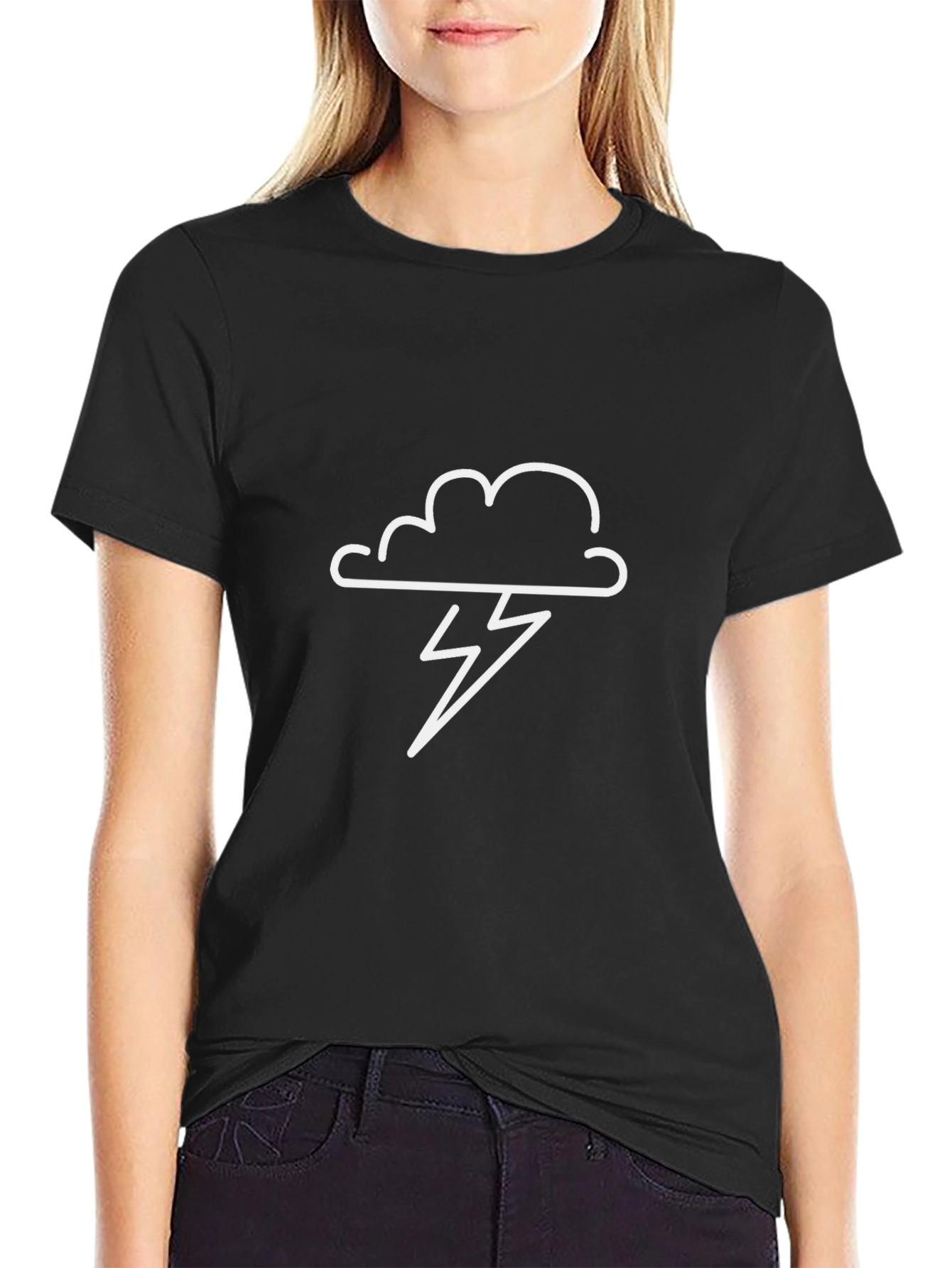 Black T-Shirt with Cloud and Lightning Bolt Graphic