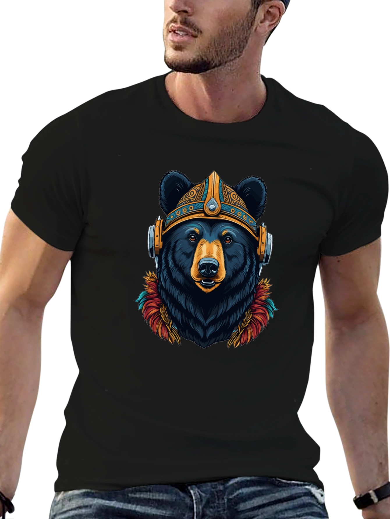 Bear Viking Helmet Headphones Graphic Tee